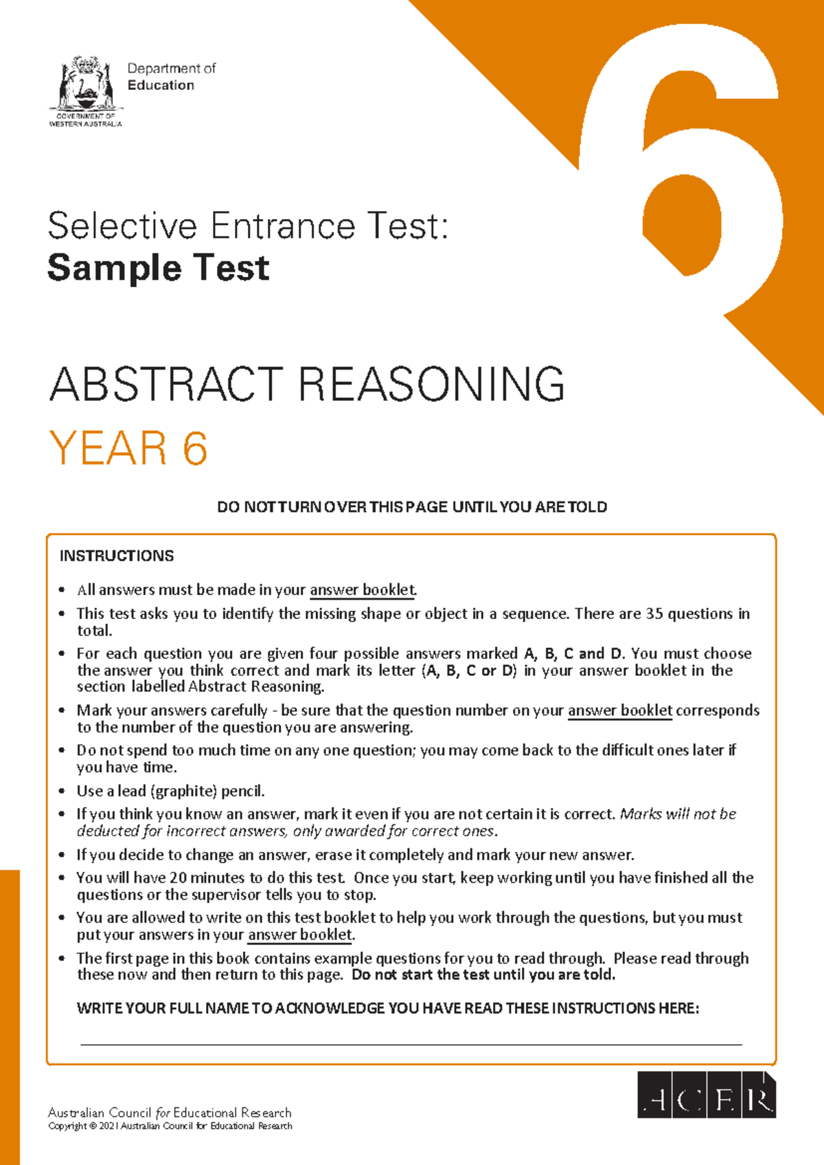 ASET: Sample Test 6 - Abstract Reasoning for Year 6 - Studocu