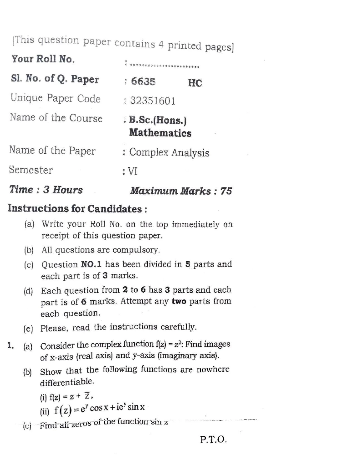 CBCS B.Sc. (H) Mathematics - Complex Analysis PYQ 2021 Exam Paper - Studocu
