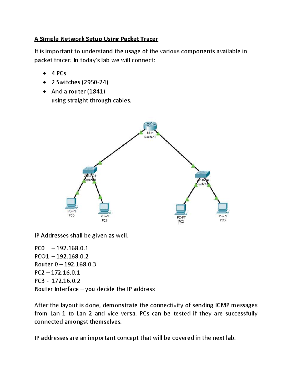 Network Setup Lab: Using Packet Tracer for Connectivity Testing - Studocu