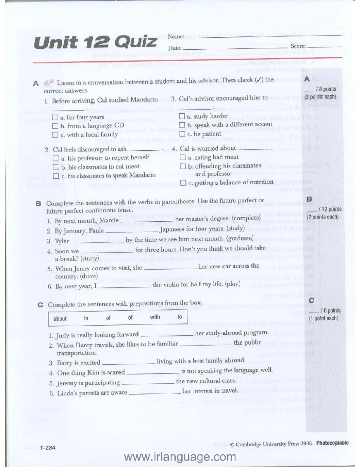 UNIT 4 QUIZ B2 - Listening and Comprehension Assessment - Studocu