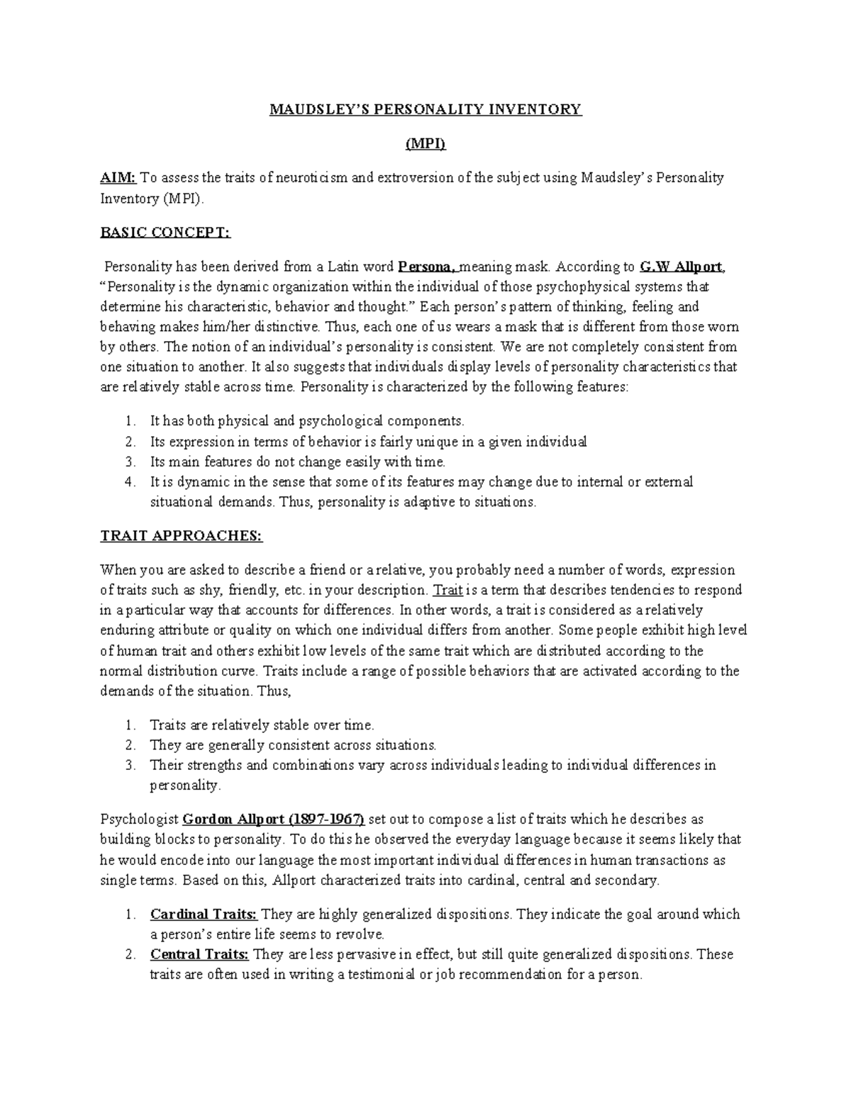 MPI Personality Inventory: Assessing Neuroticism & Extroversion Traits ...
