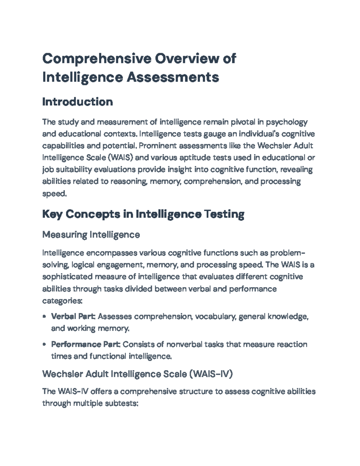 Comprehensive Guide to Intelligence Assessments and WAIS-IV Analysis ...