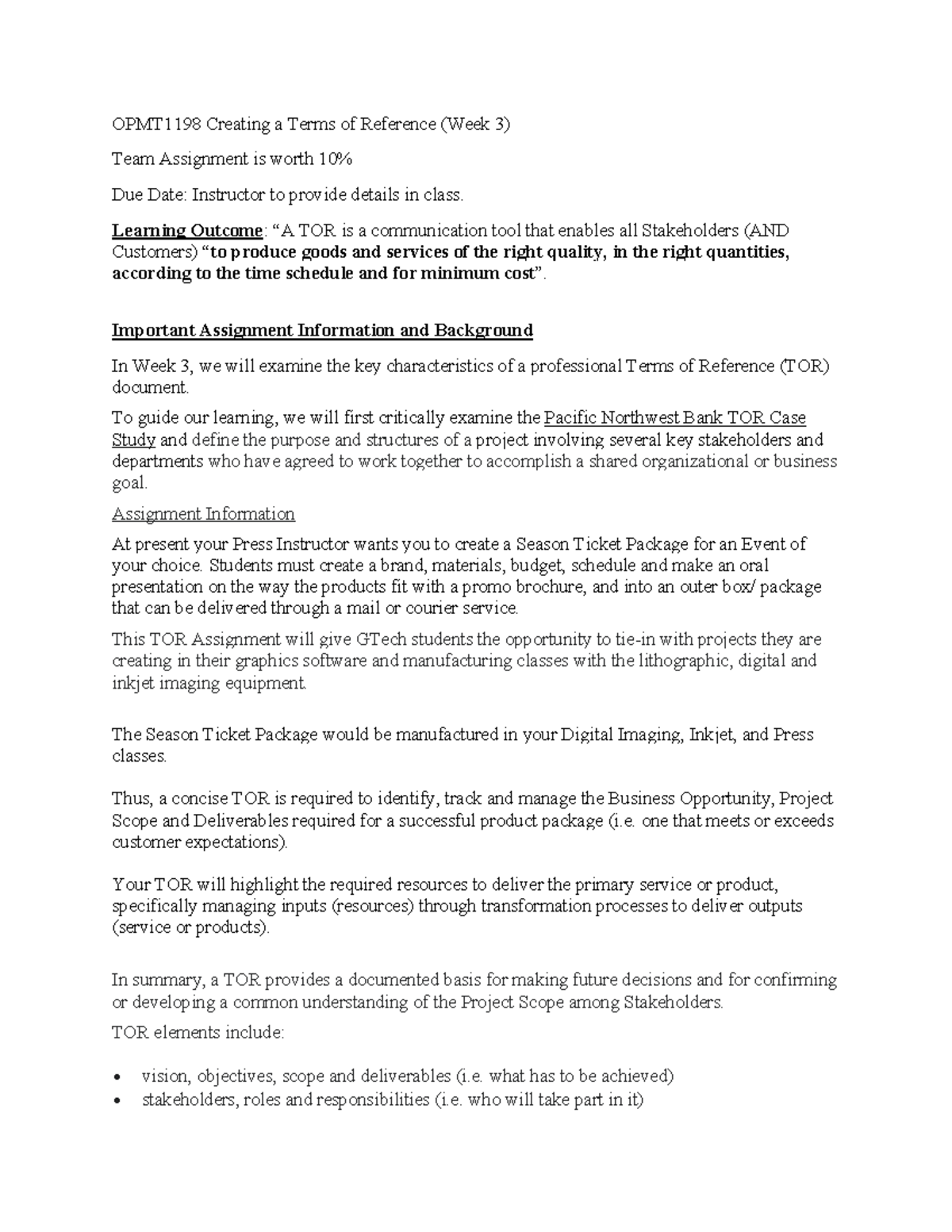 OPMT1198 Terms of Reference Creation Assignment Overview - Studocu