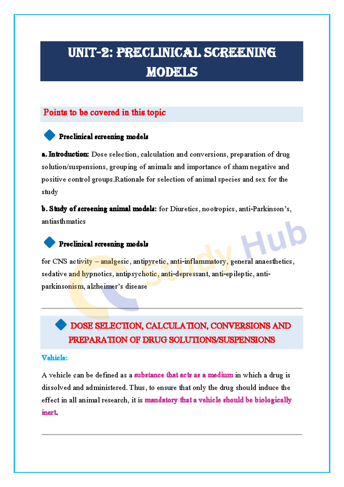 Pharmacological Screening Methods (Unit-2): Preclinical Models Overview ...