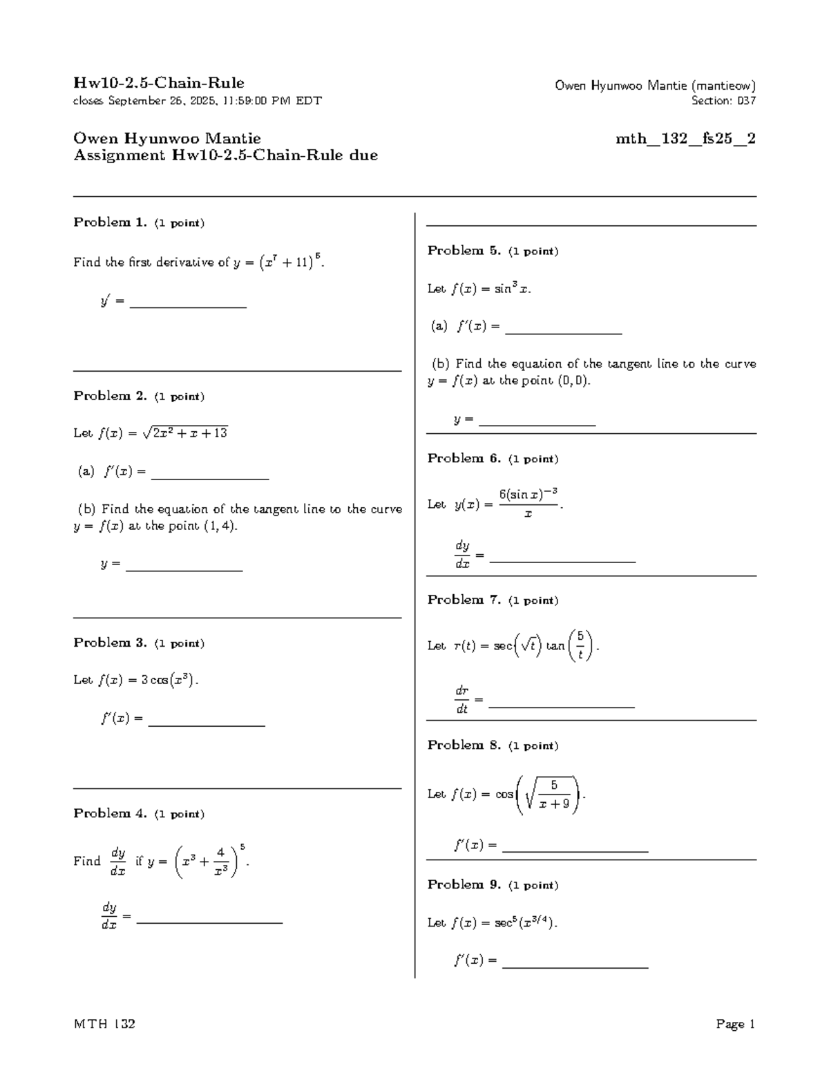 MTH 132 Hw10-2.5 - Chain Rule Assignment - Studocu