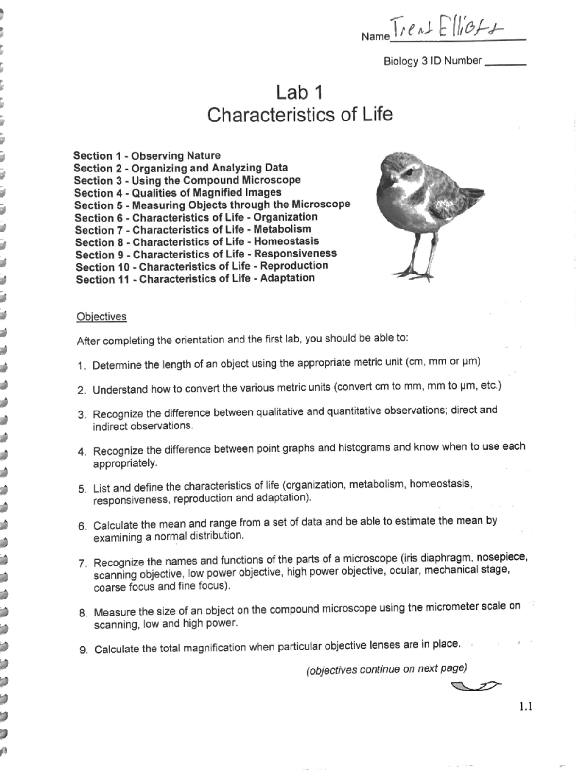 Biology 3 Lab 1: Characteristics of Life and Microscope Techniques ...