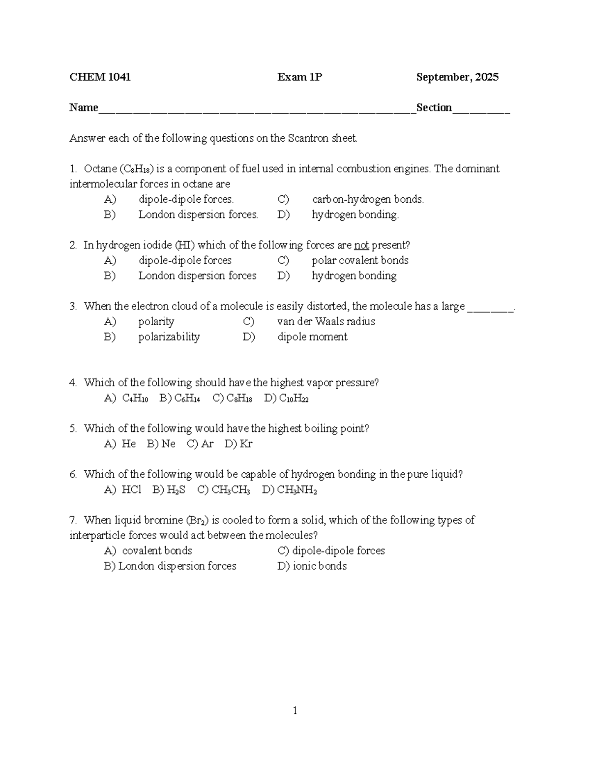 CHEM 1041 Exam 1P Practice Questions September 2025 - Studocu