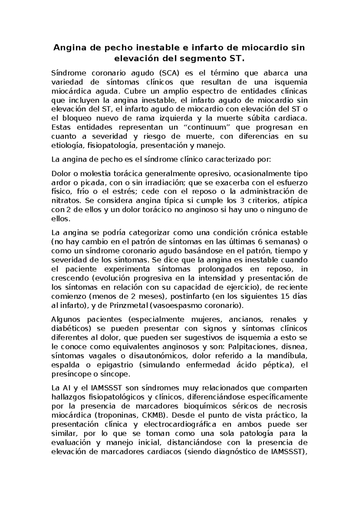 Angina Inestable e Infarto Miocárdico sin Elevación del ST: SCA - Studocu