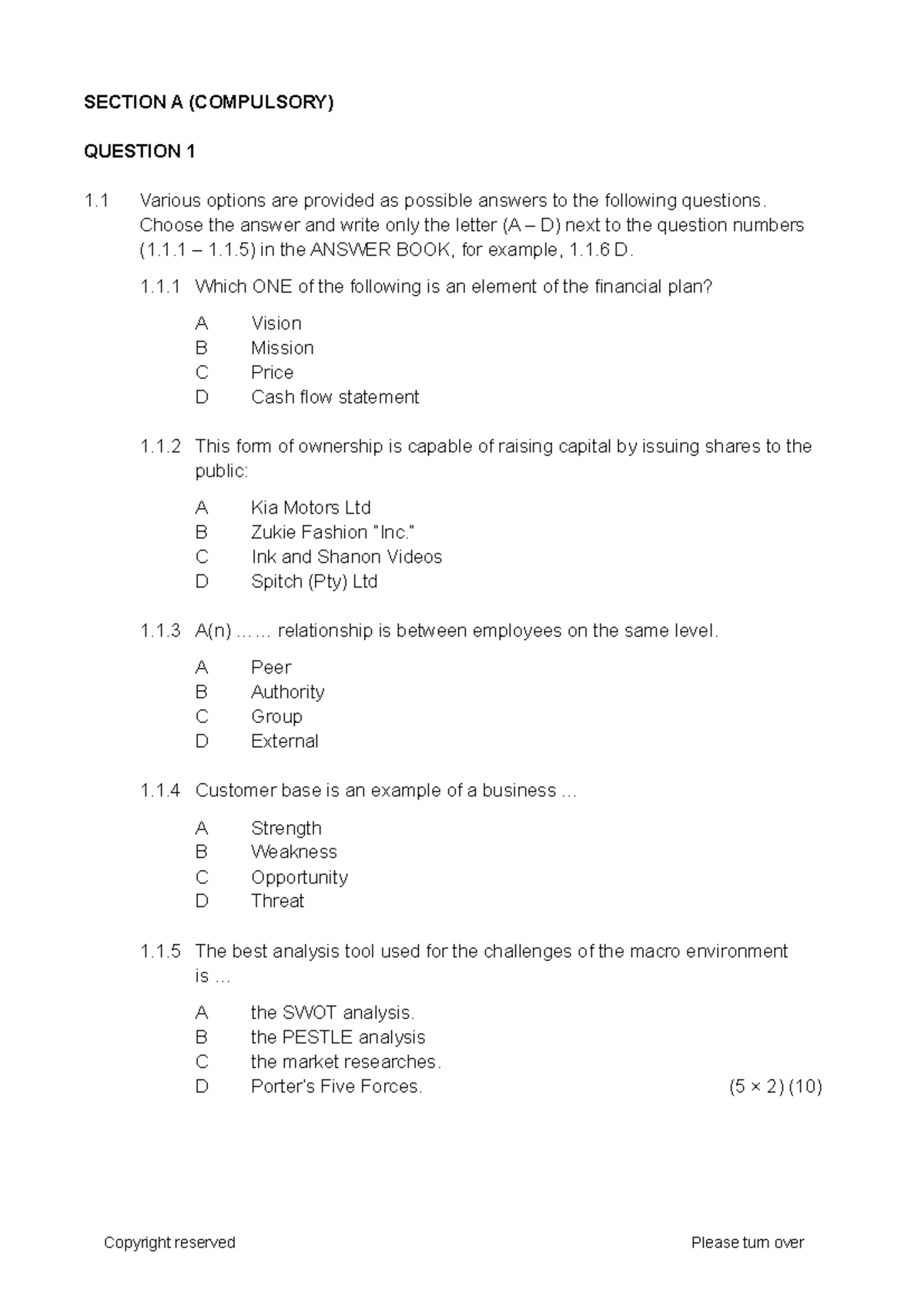 Business Studies Paper 2 Nov Exam: Section A & C Questions - Studocu