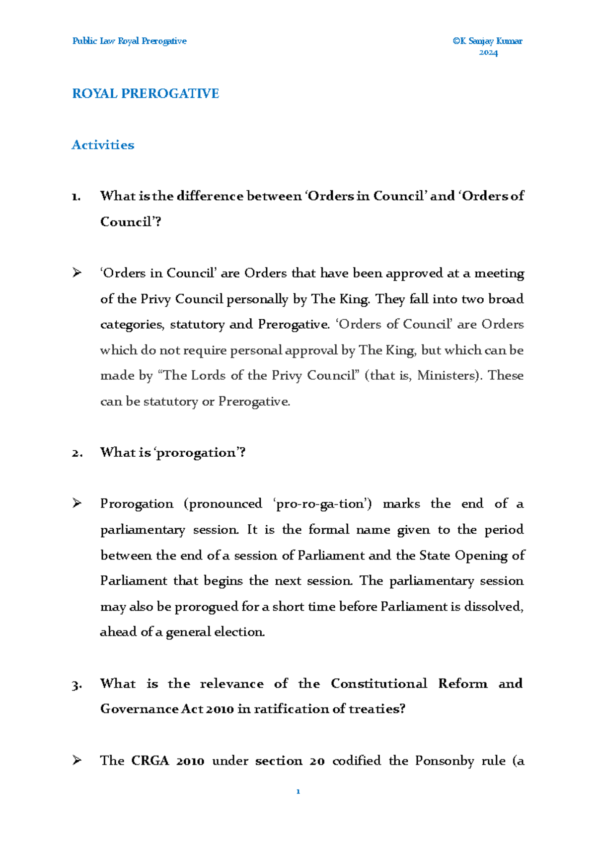 Public Law ROYAL PREROGATIVE Tutorial Notes by Sanjay Kumar 2024 - Studocu