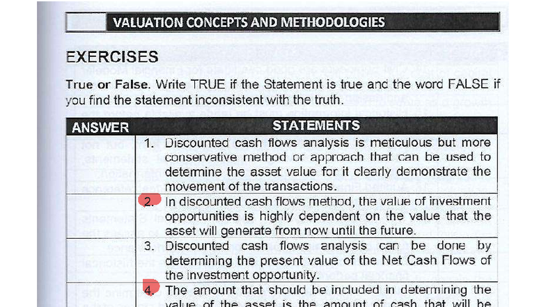 VALUATION CONCEPTS AND METHODOLOGIES EXERCISES: True or False Analysis ...