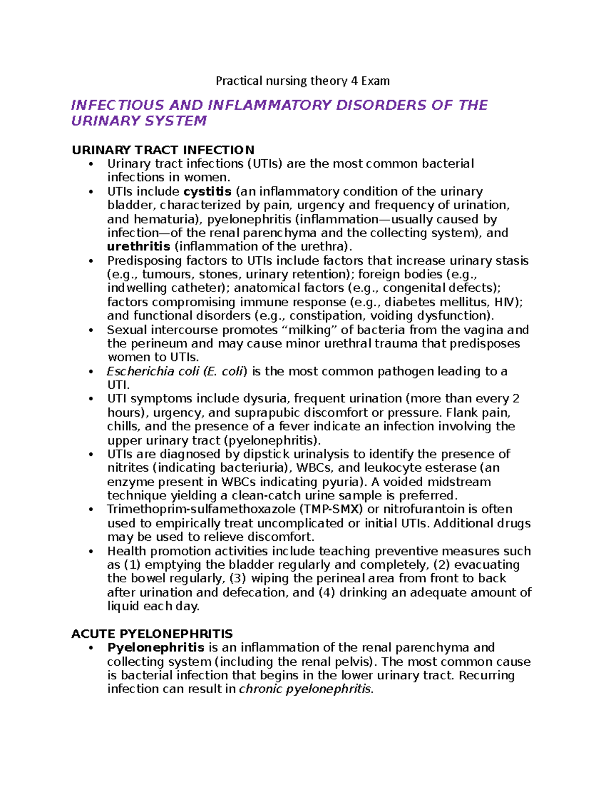 Practical Nursing Theory 4: Exam on Urinary System Disorders - Studocu