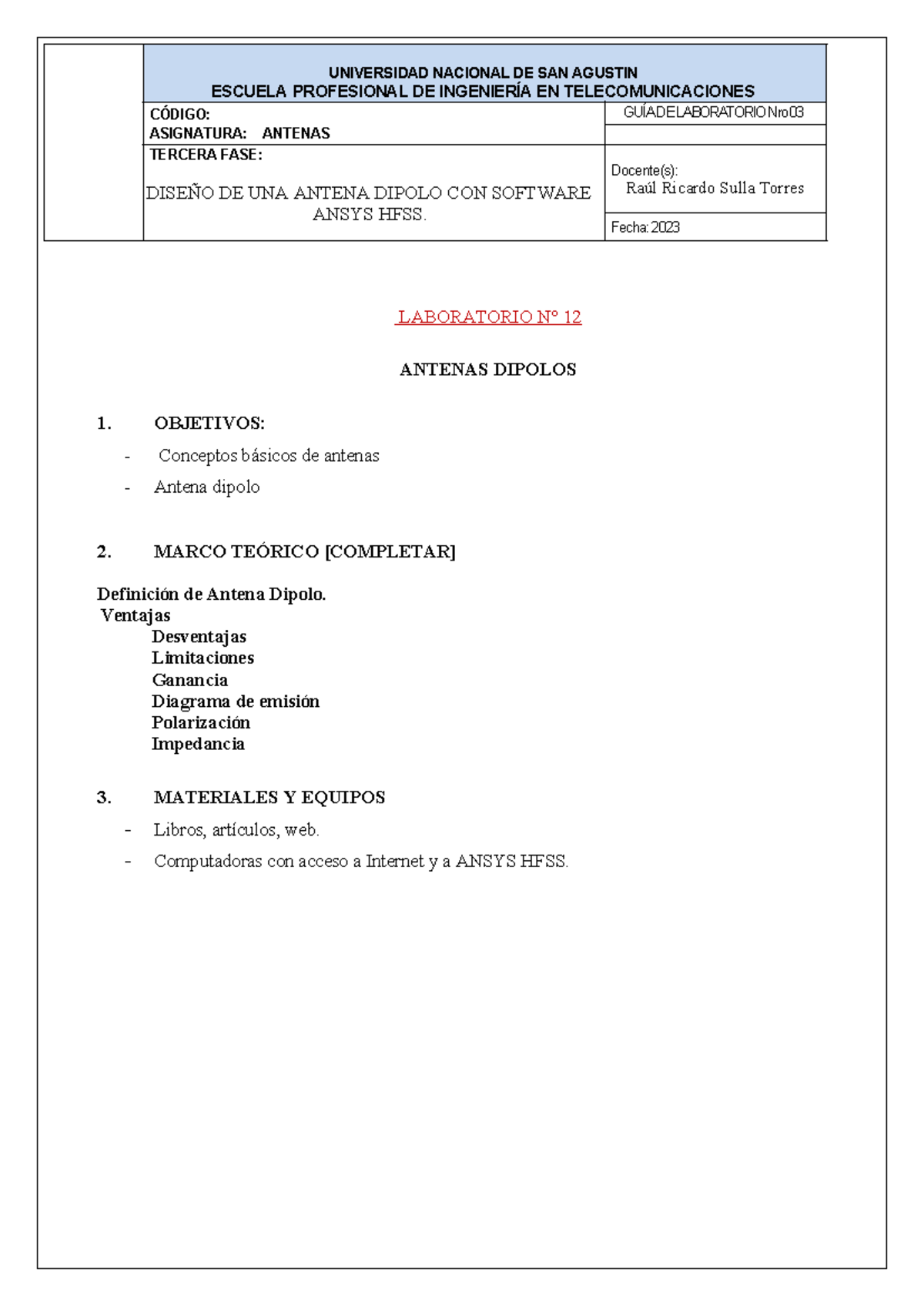 Guía de Laboratorio Nro 03: Diseño de Antena Dipolo - UNSA 2024 - Document Preview