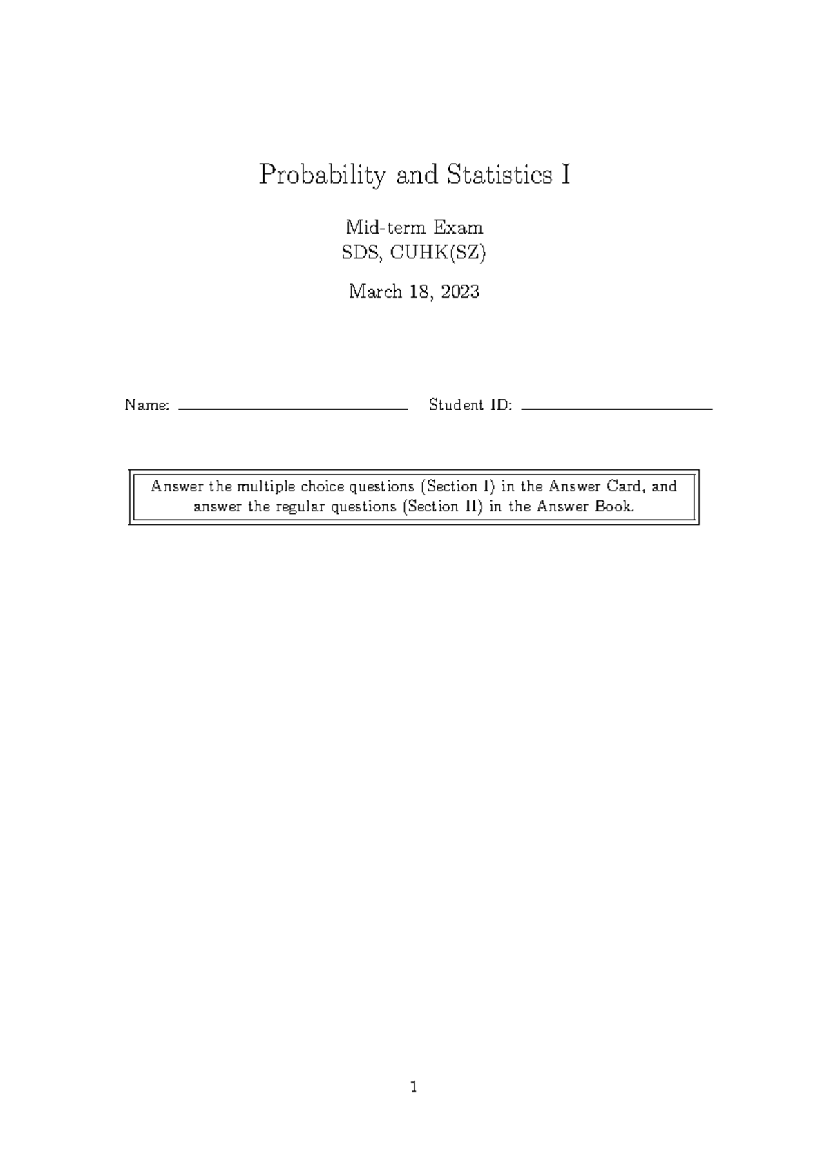 STA2001 Midterm Exam 2023: Probability and Statistics I - Studocu