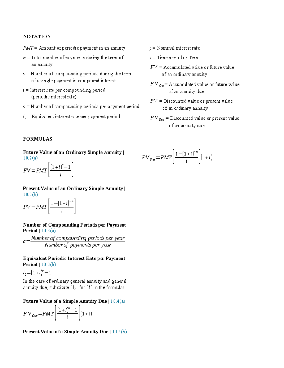 Ch 10 Annuity Formula Sheet – Key Notations & Equations - Studocu