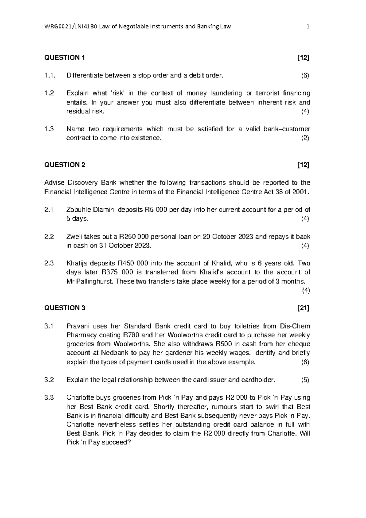 LNI41B0-WRG0021 - Negotiable Instruments & Banking Law Exam Notes - Studocu