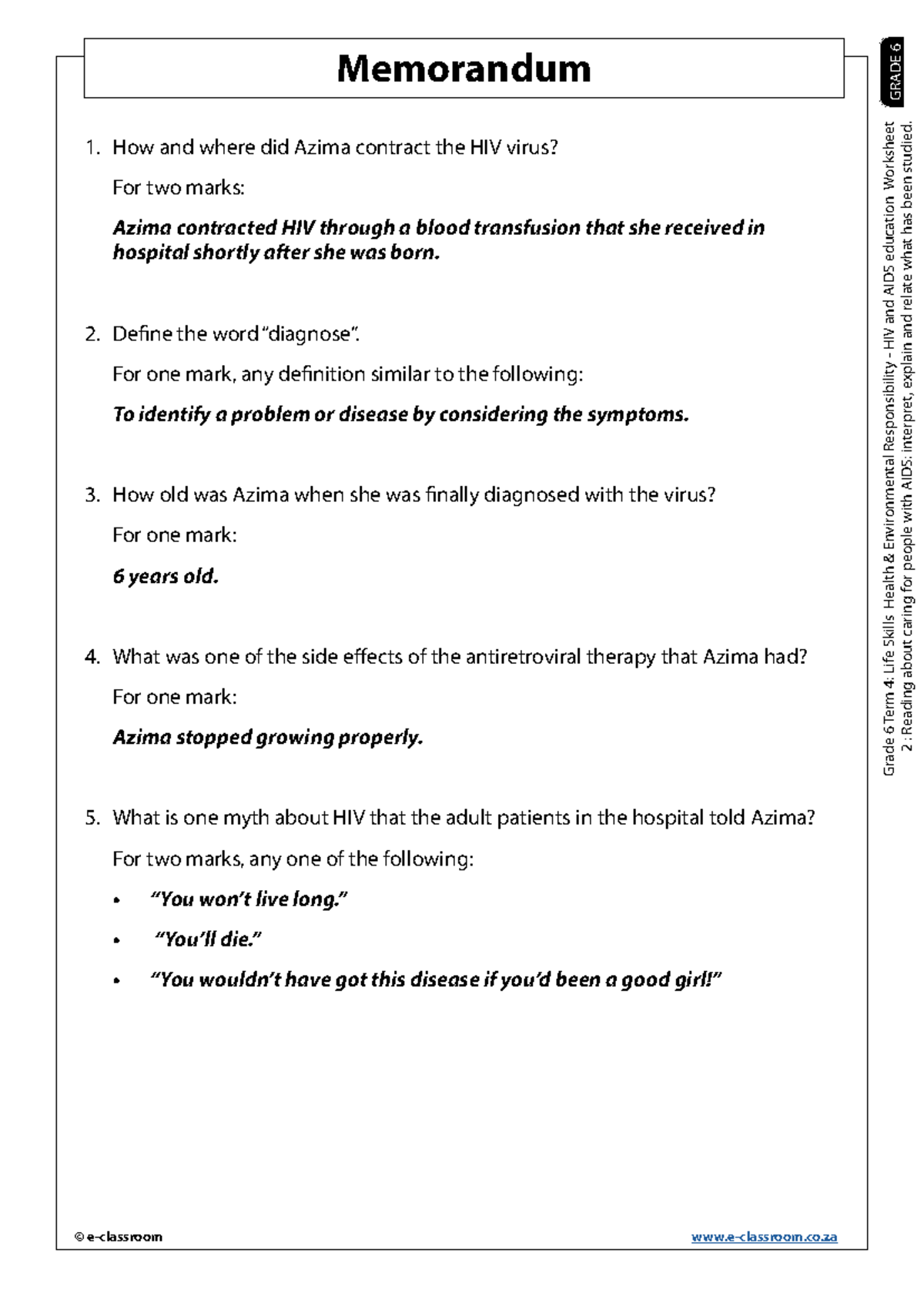 Grade 6 Term 4: Life Skills Health HIV & AIDS Education Worksheet 2 ...