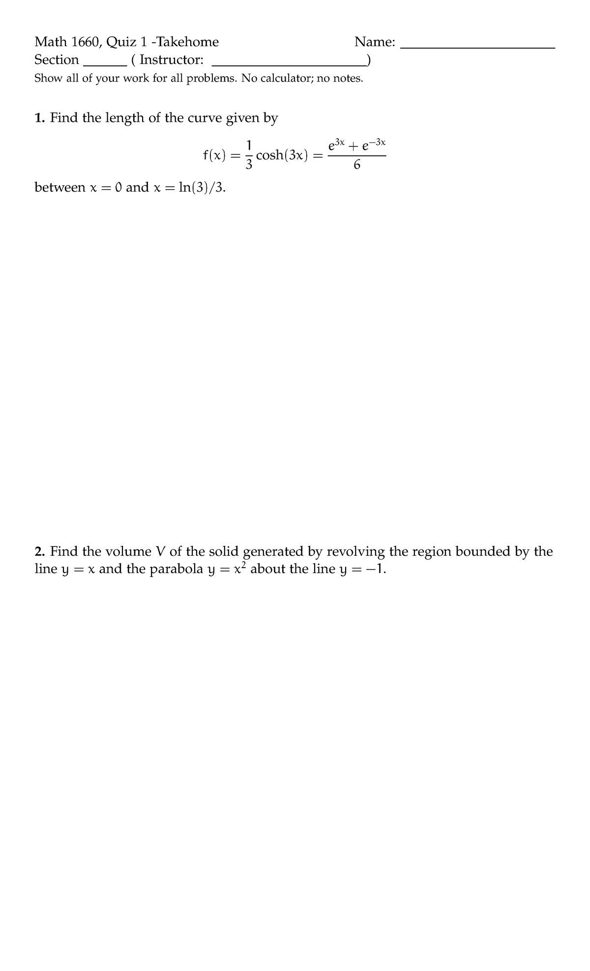 Math 1660, Quiz 1: Curve Length & Volume Calculations - Studocu