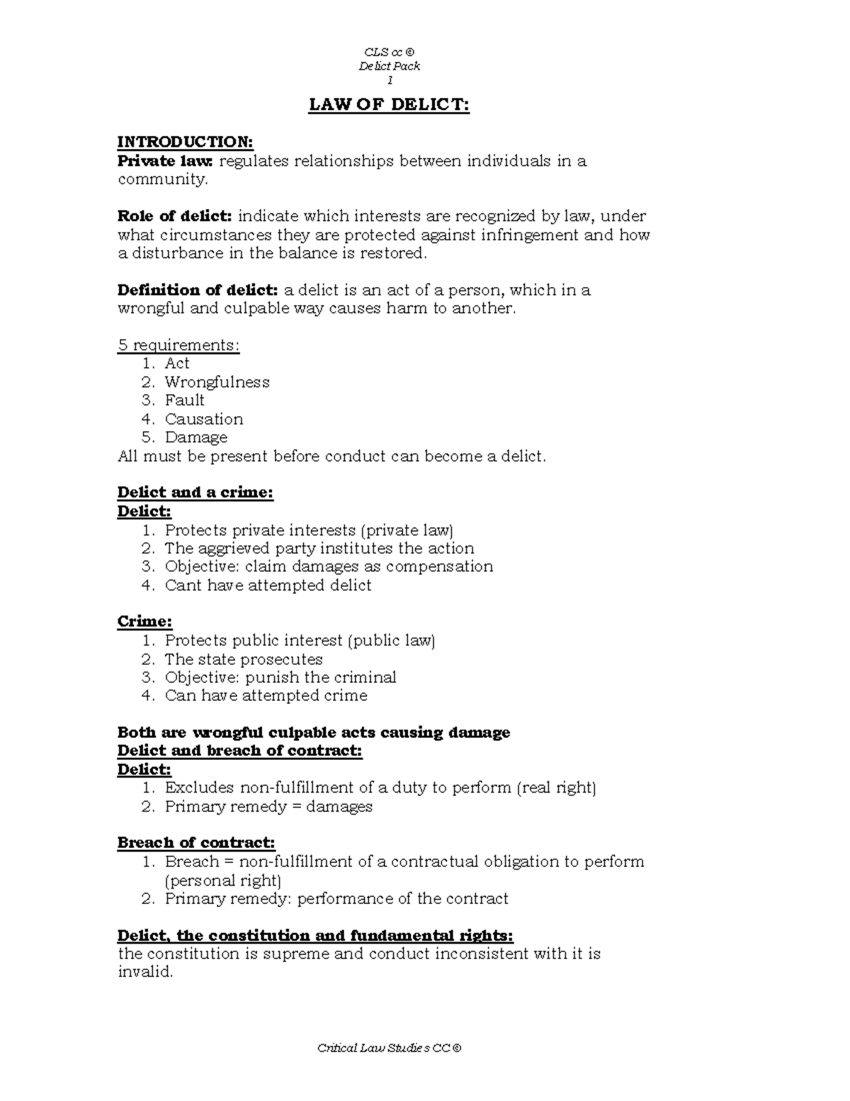 PVL3703 Study Pack: Understanding the Law of Delict and Conduct ...