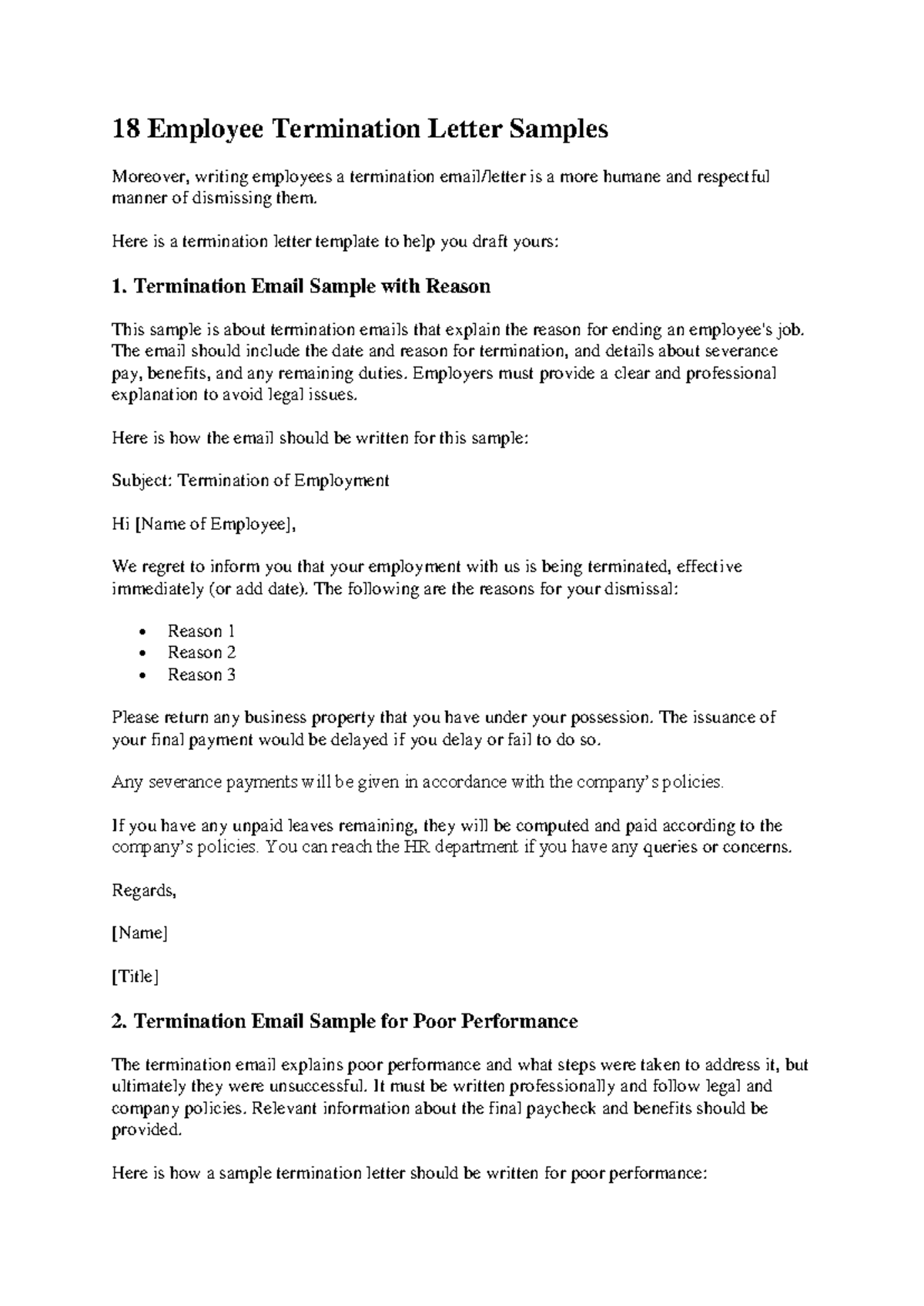 18 Employee Termination Letter Samples for HR Professionals - Studocu