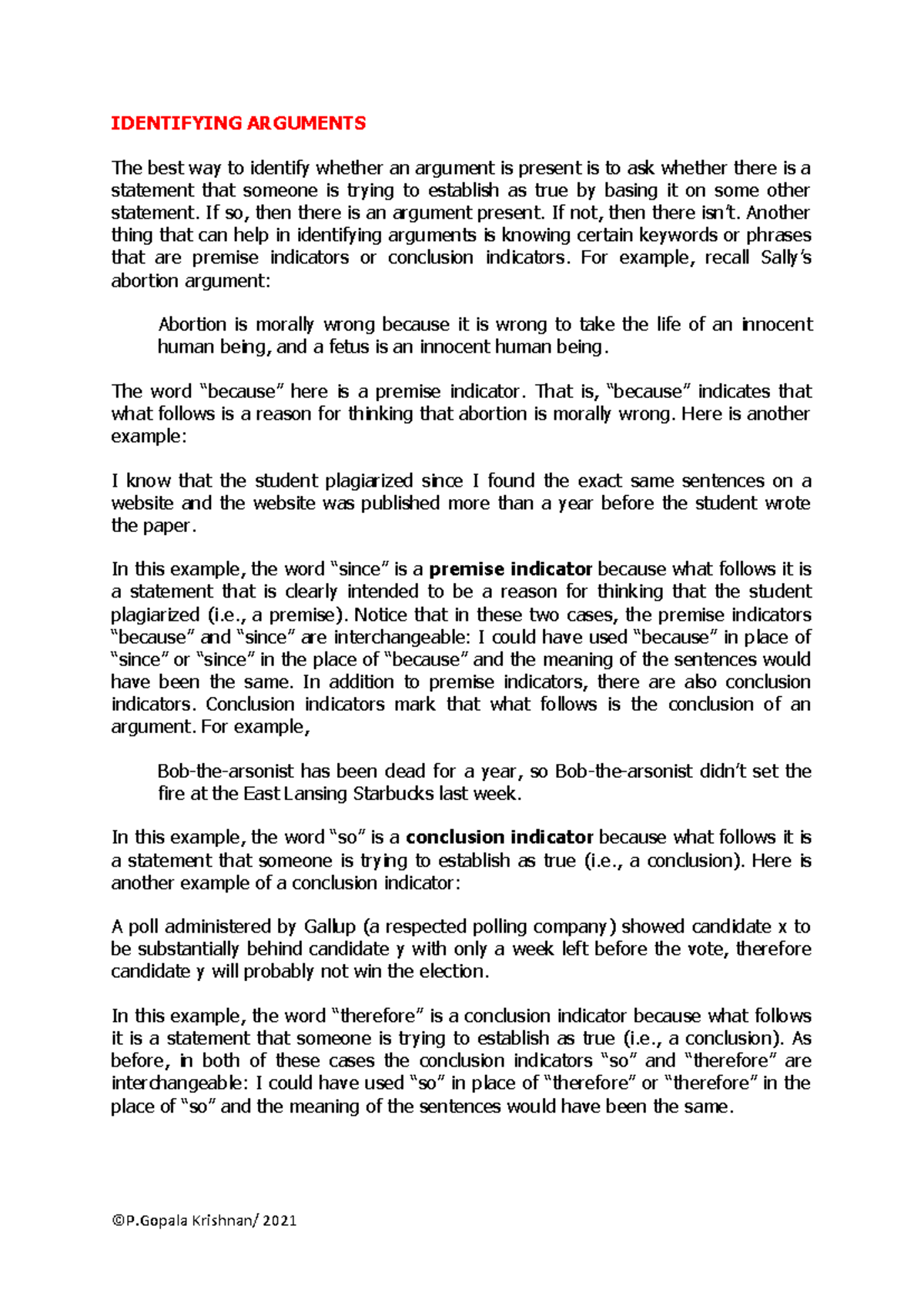 Identifying Arguments: Key Indicators and Their Usage - Studocu