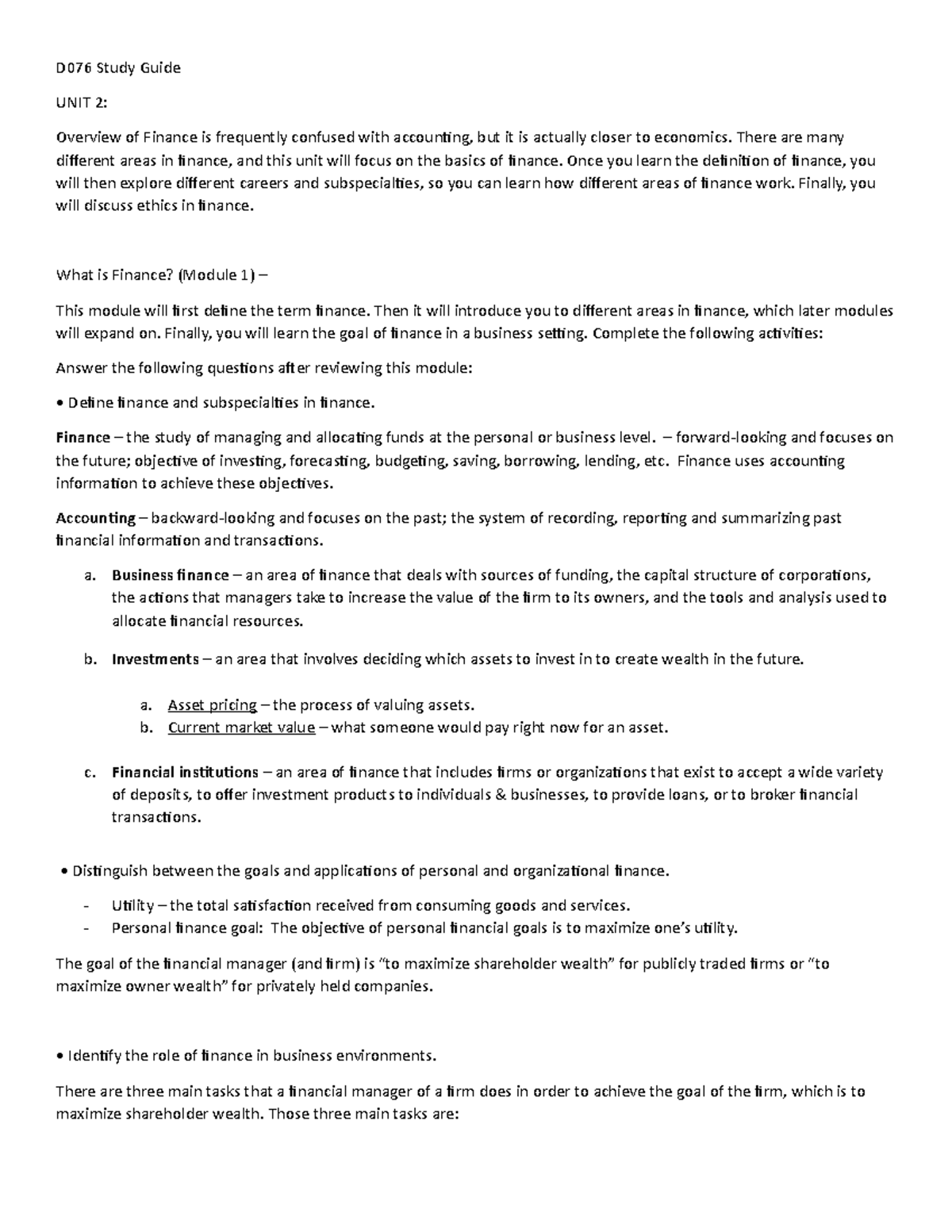D076 Study Guide - Key Concepts in Finance for Managers - Studocu