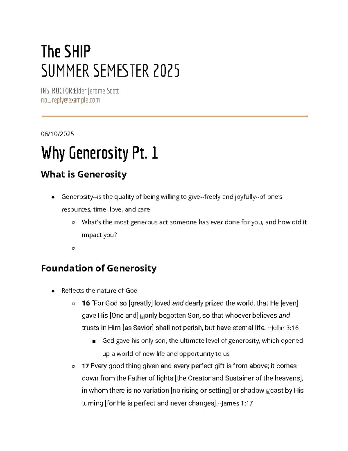 Generosity 101: Core Principles & Stewardship - SUMMER SEMESTER 2025 ...