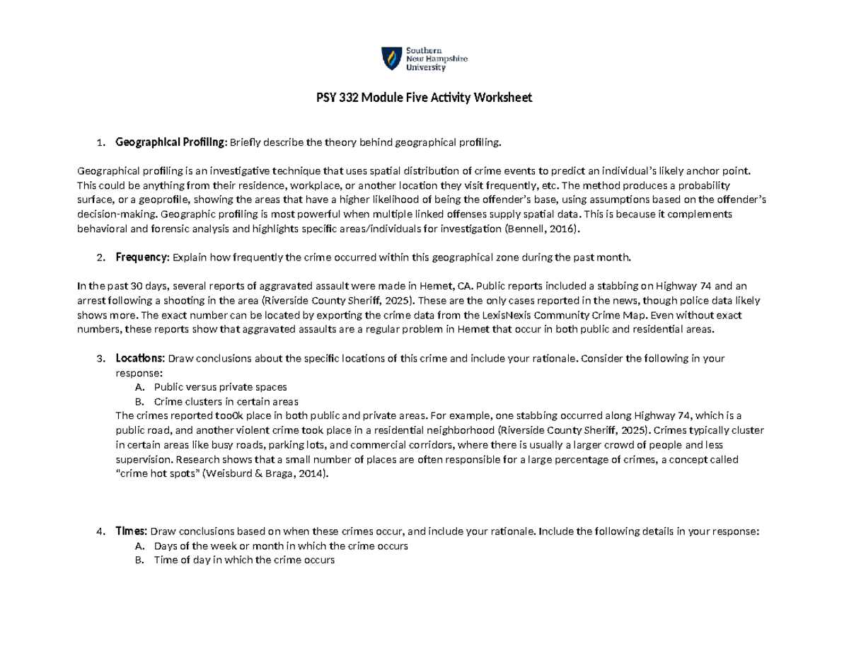 PSY 332 Module 5 Activity: Geographical Profiling Analysis - Studocu