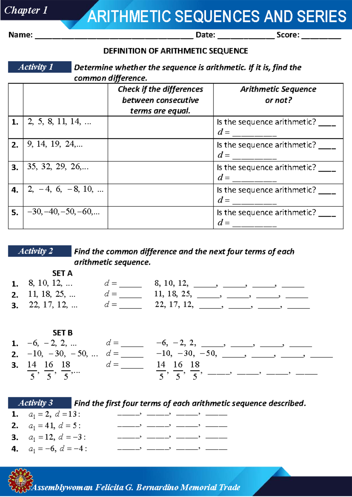 Chapter 1: Arithmetic Sequences and Series Workbook (ARITHMETIC SEQ ...