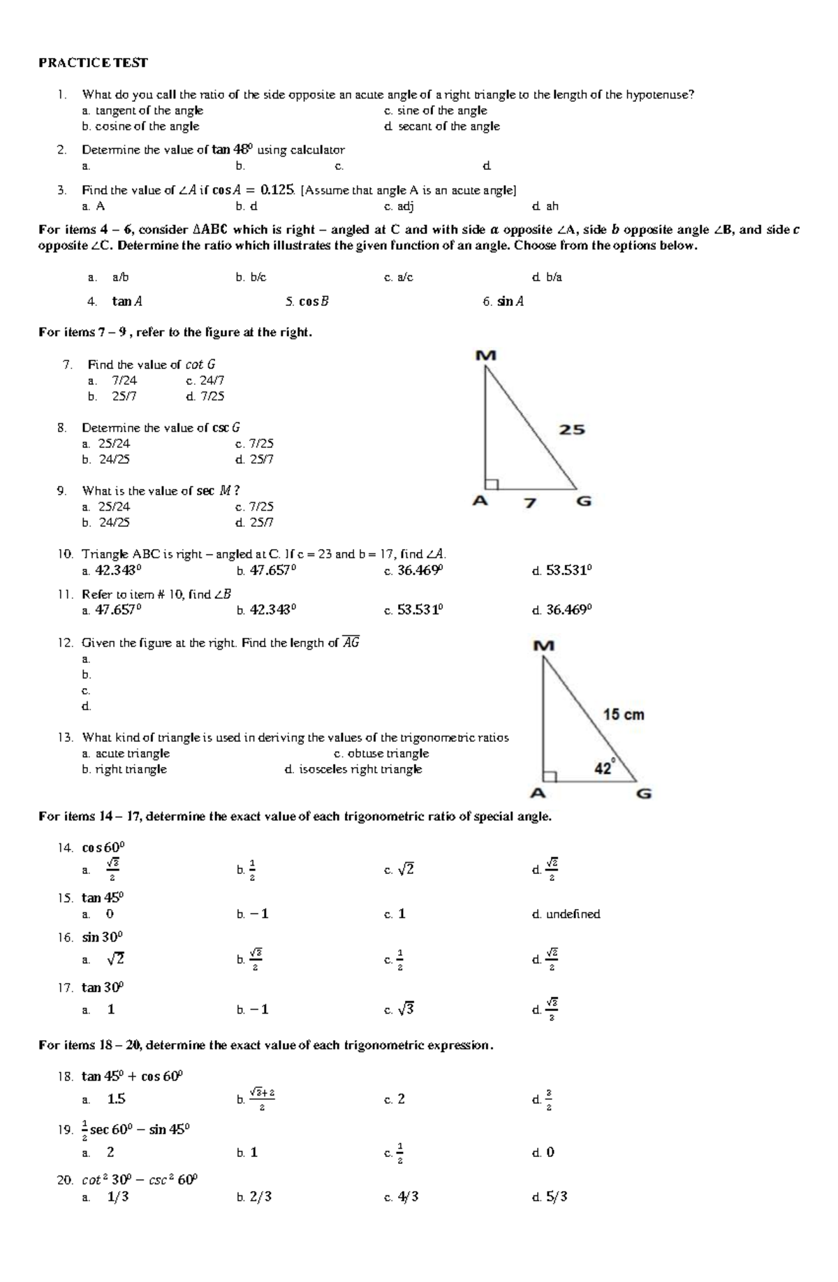 Math 9: Practice Test 1 - Trigonometry and Triangle Properties - Studocu