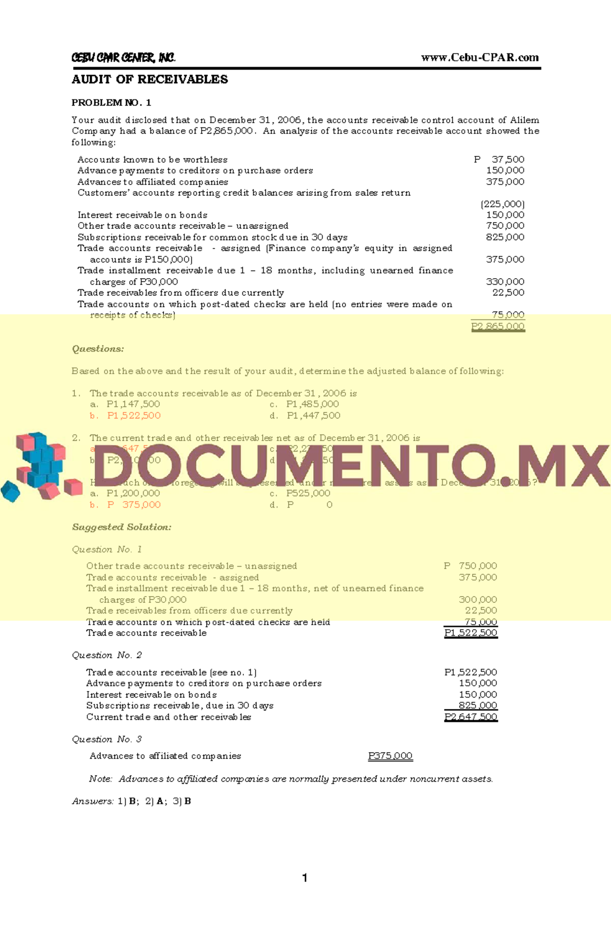 Cebu CPAR Center, Inc. Audit of Receivables - Problem Set Analysis ...