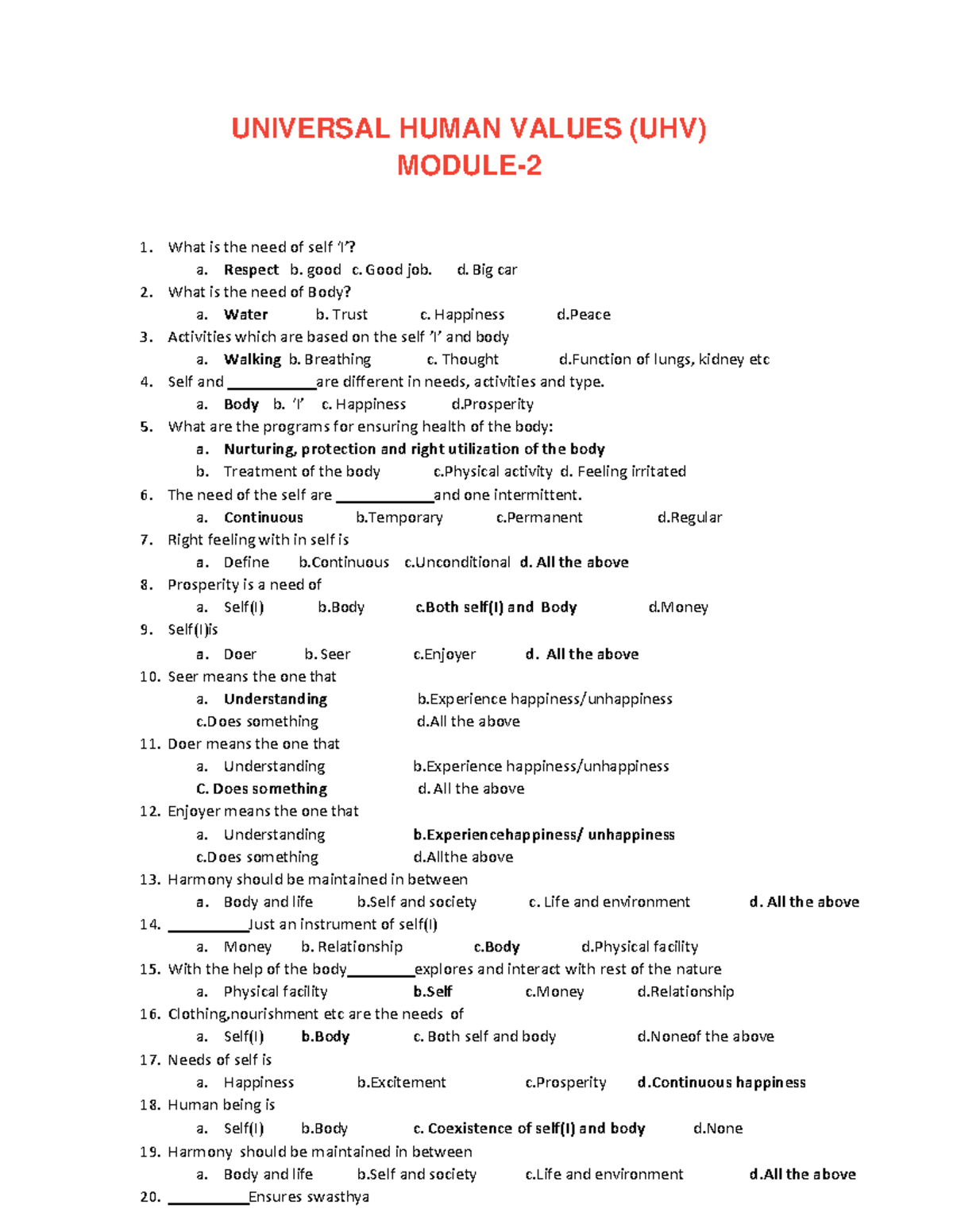 UHV 1: Multiple Choice Questions on Universal Human Values - Studocu