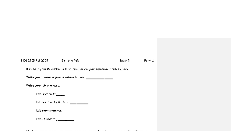 BIOL 1403 Fall 2025 Exam 4 Form 1 Answer Key - Studocu