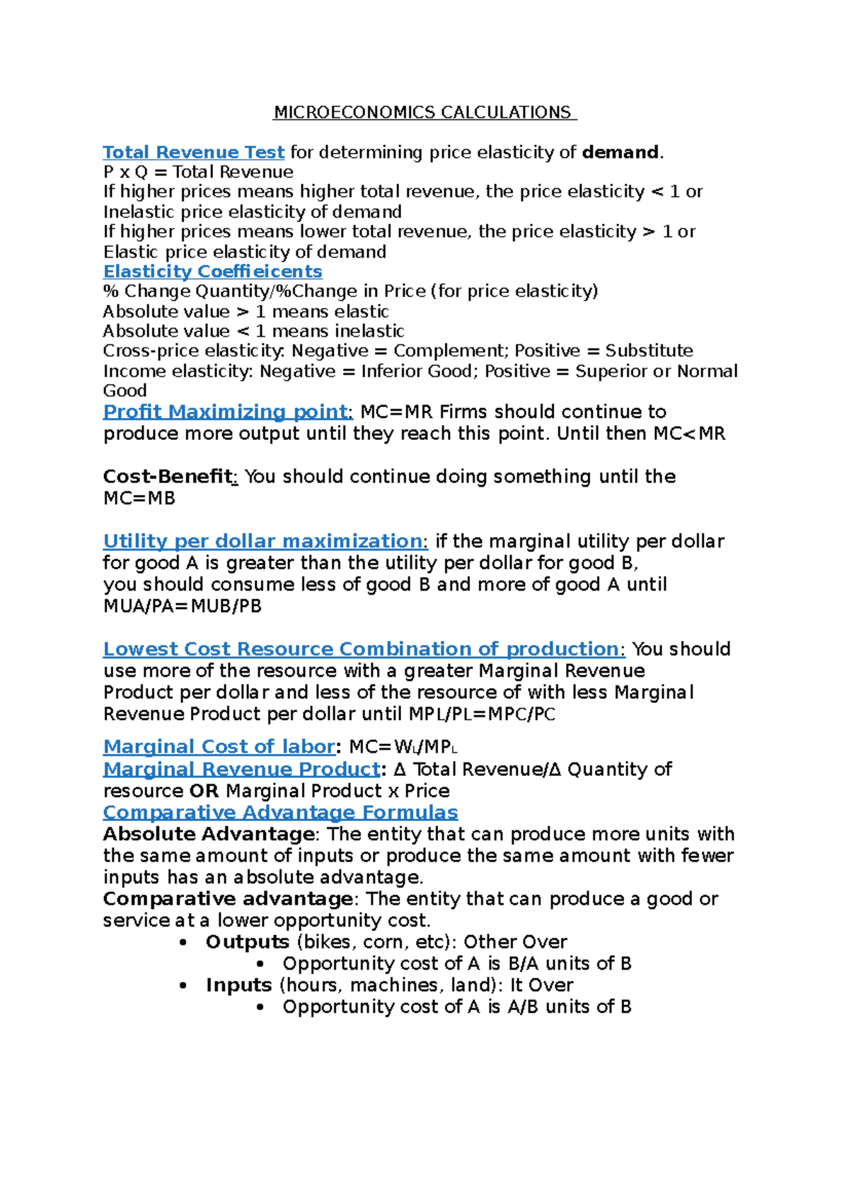 Microeconomics Calculations: Key Concepts and Formulas - Studocu