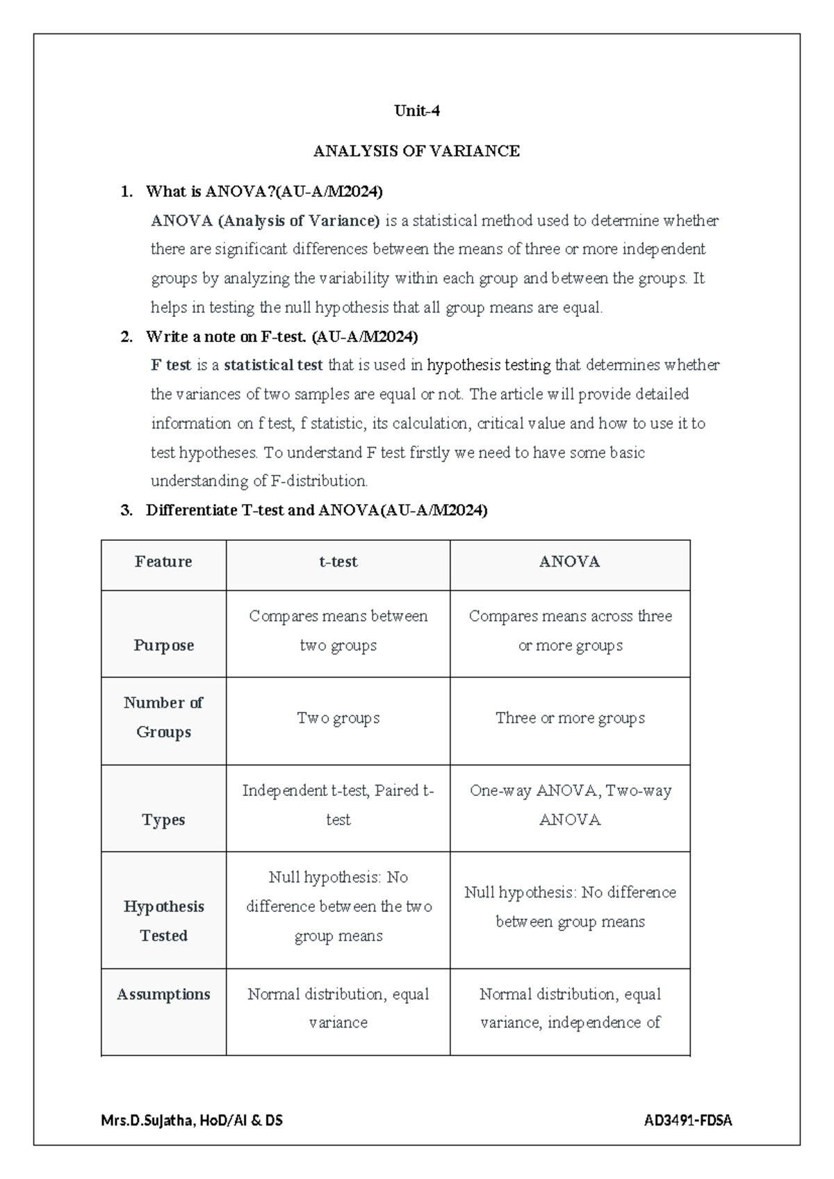Unit 4 - ANOVA and Hypothesis Testing Notes (DS) - Studocu