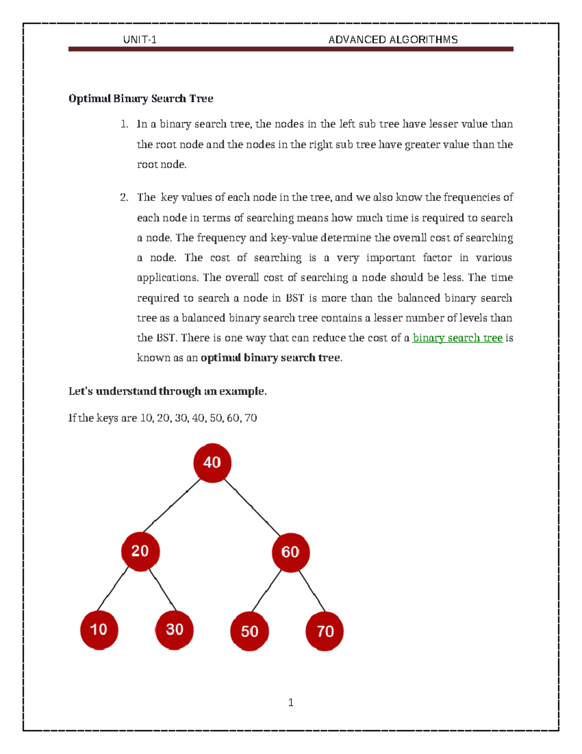 ADVANCED ALGORITHMS: Understanding Optimal Binary Search Trees - Studocu