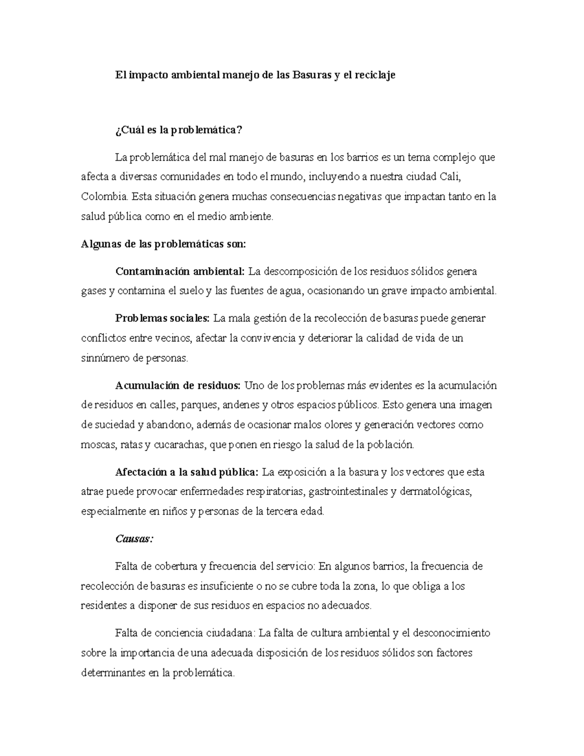 El impacto ambiental manejo de las Basuras y el reciclaje - Esta ...