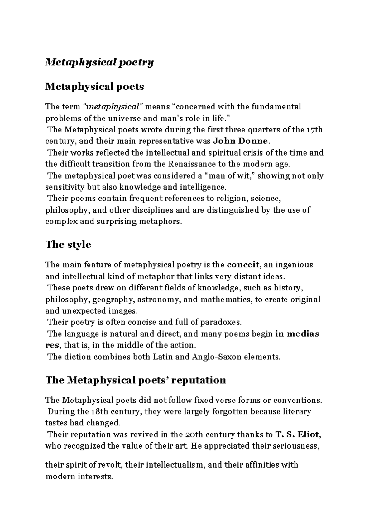 Metaphysical Poetry: Style and Characteristics Overview - Studocu