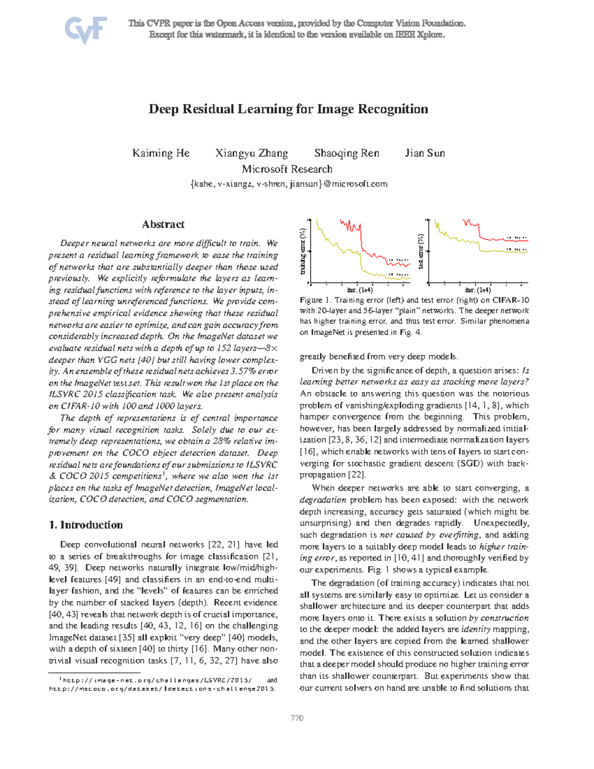 Deep Residual Learning for Image Recognition (CVPR 2016) - Studocu