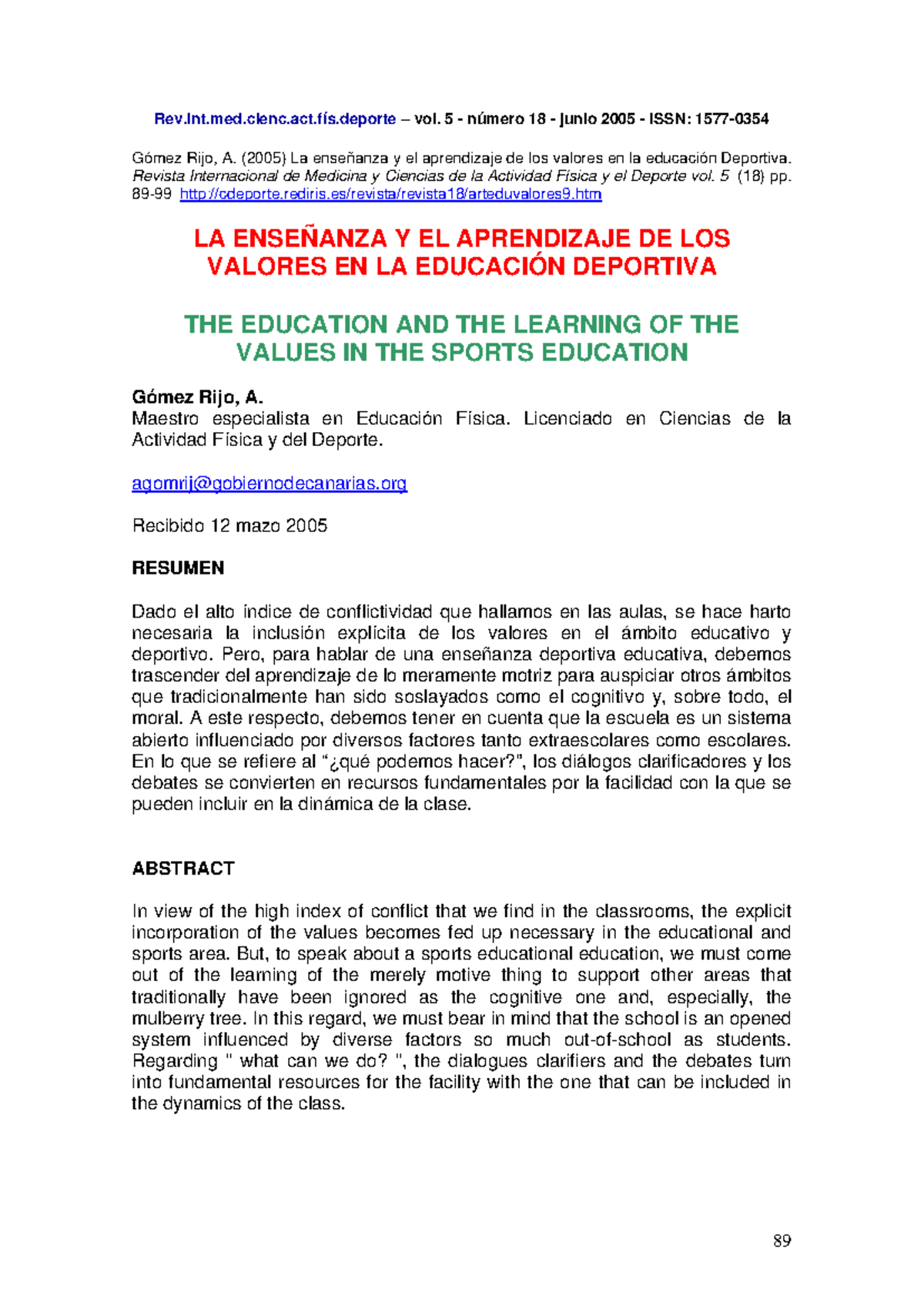 Título: EL APRENDIZAJE DE VALORES EN LA EDUCACIÓN DEPORTIVA (EDUC 101 ...