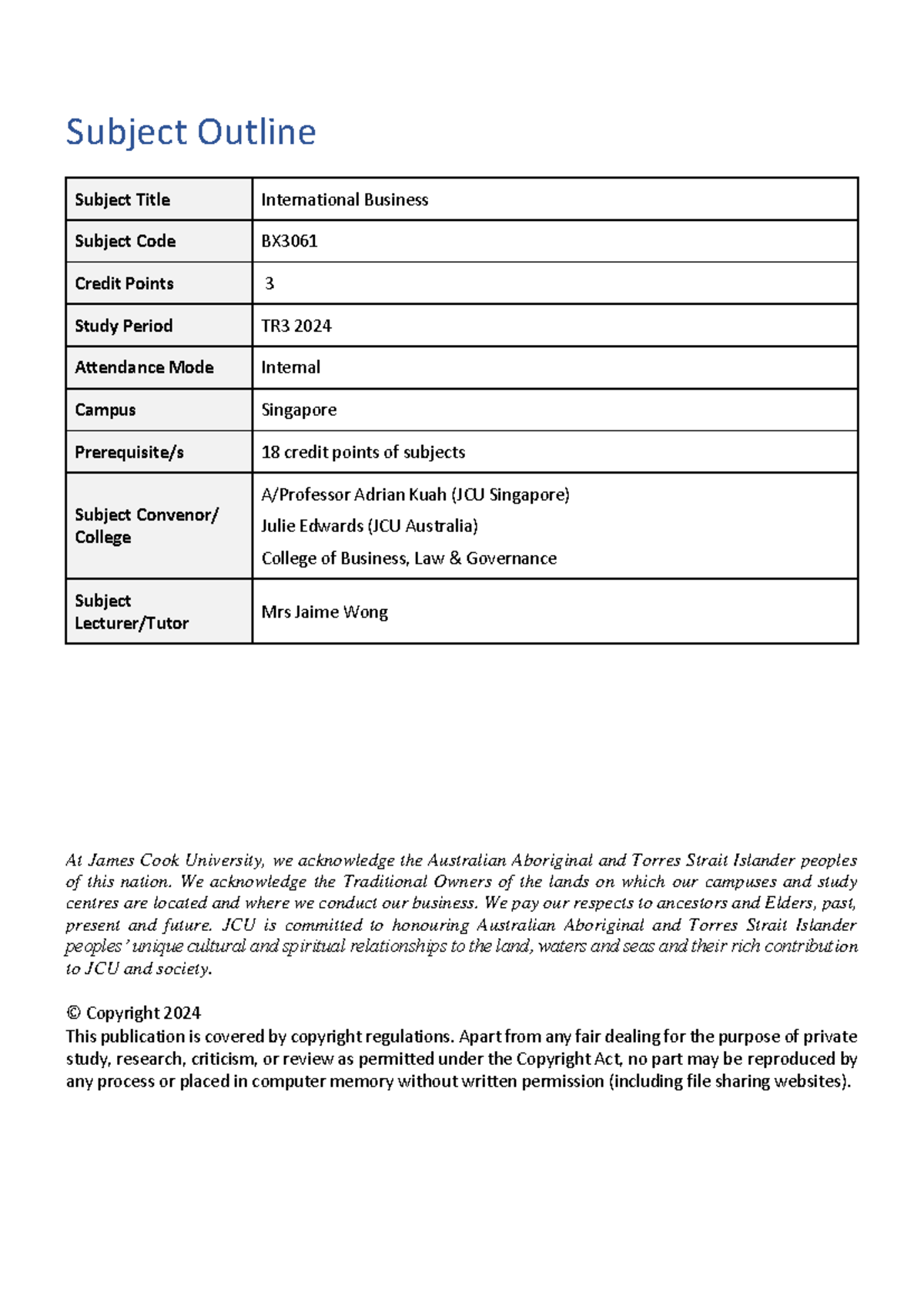 International Business Subject Outline 2024 - BX3061 SIN TR3 - Studocu