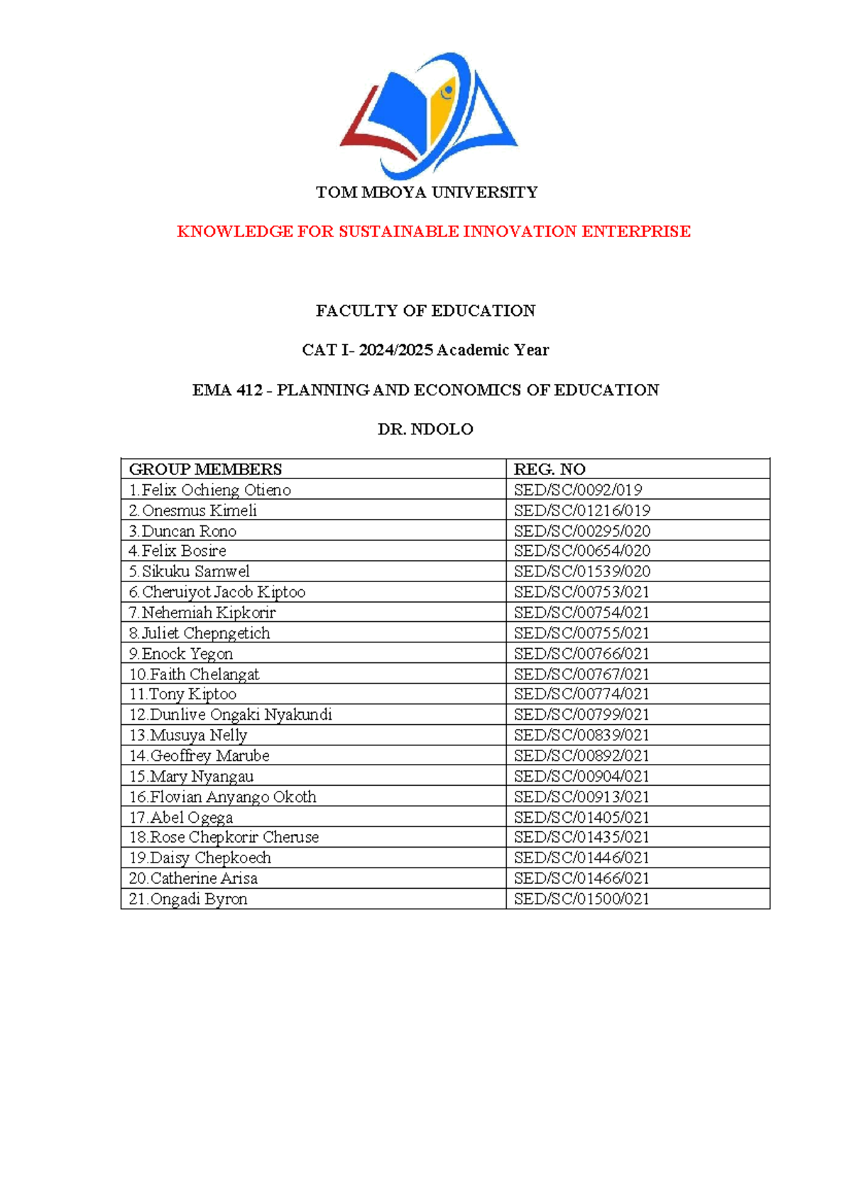 EMA 412 Final Assignment Document - TOM MBOYA UNIVERSITY KNOWLEDGE FOR ...