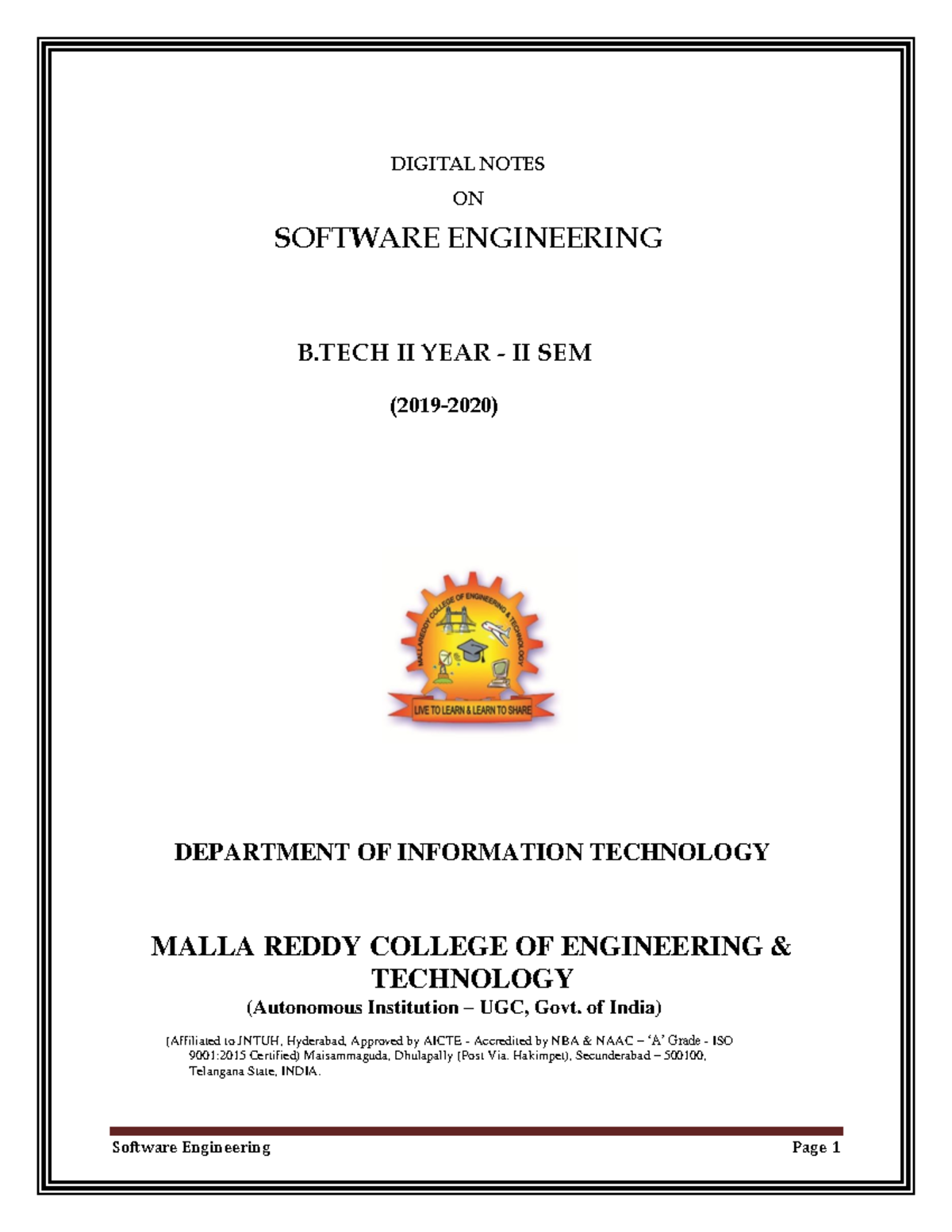 Software Engineering (R18A0511) Class Notes & Framework Overview - Studocu