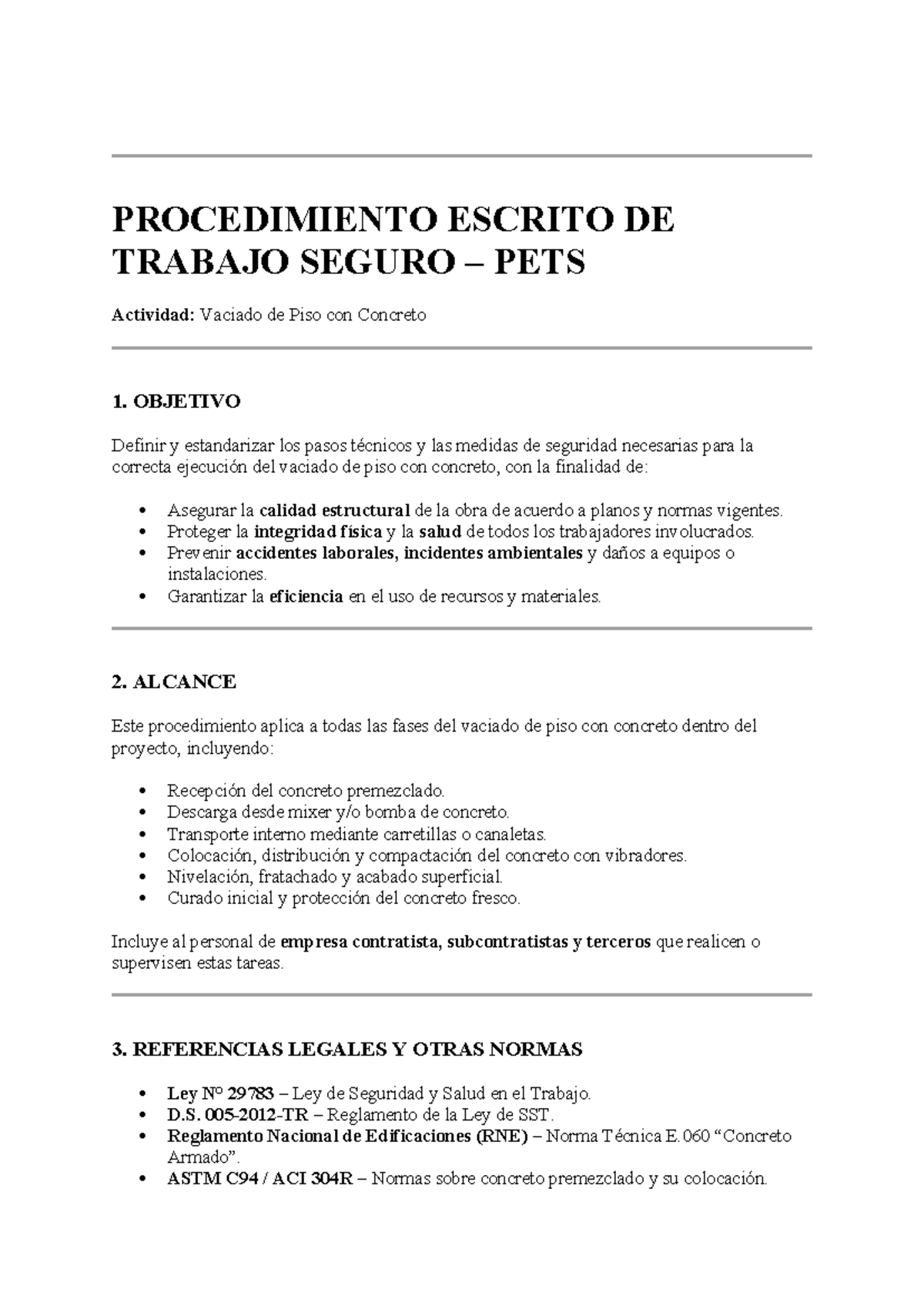 Procedimiento PETS para Vaciado de Piso con Concreto: Seguridad y Eficiencia - Document Preview