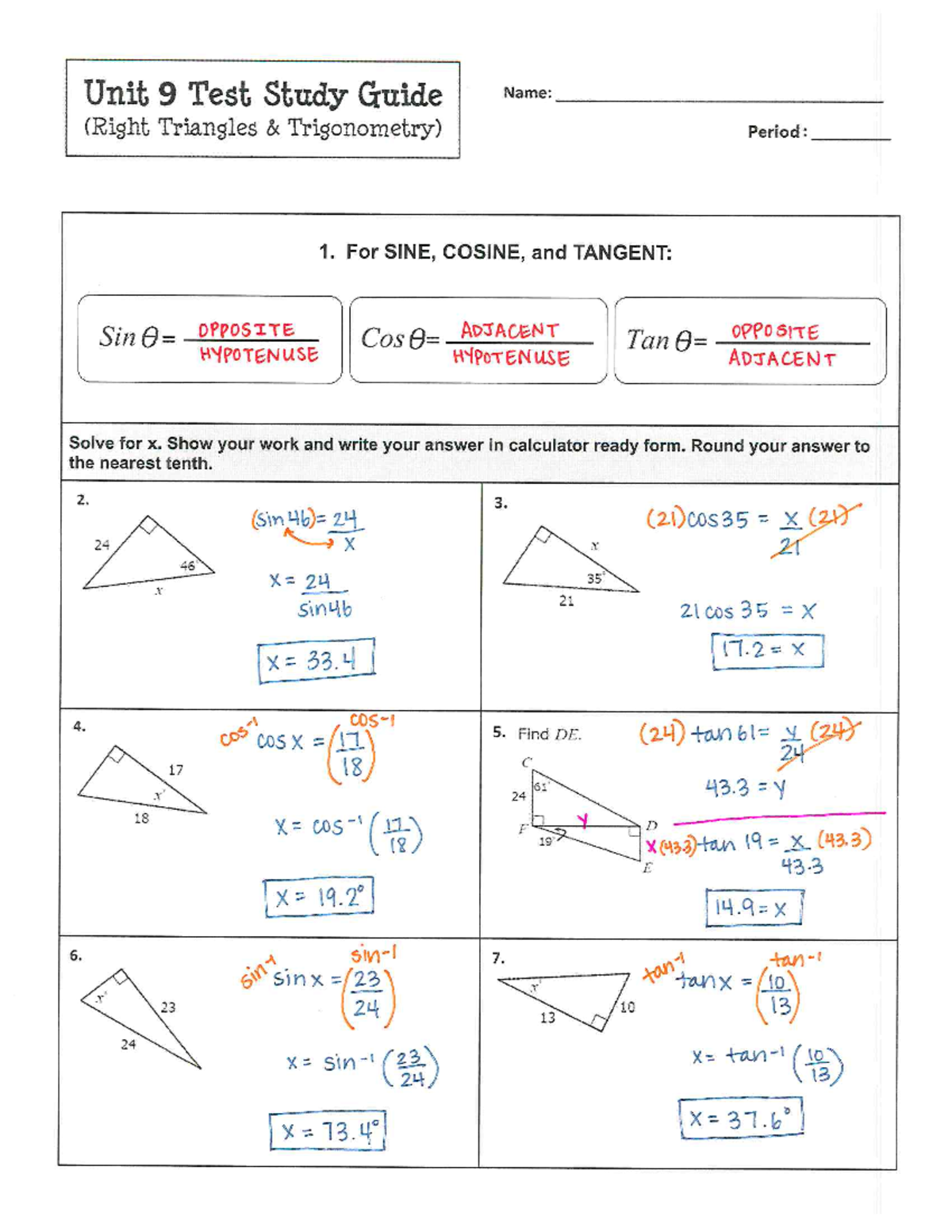 Unit 9 Test Study Guide: Right Triangles Trigonometry Concepts - Studocu