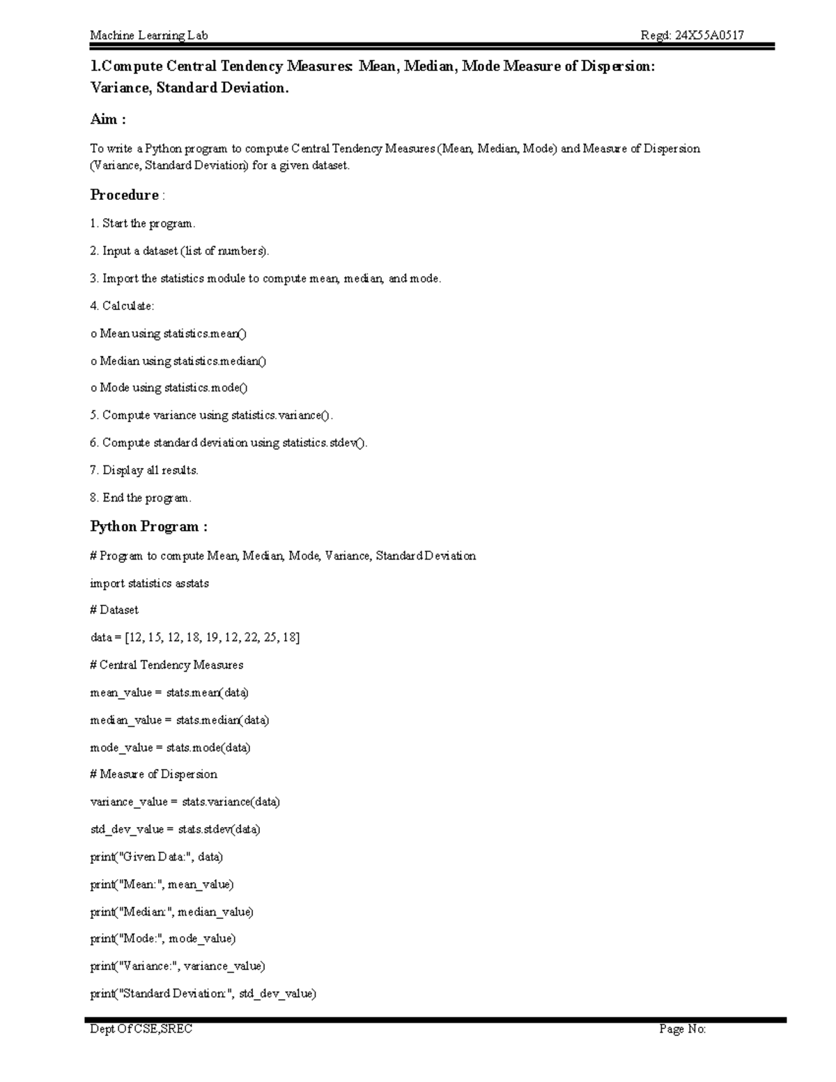 Machine Learning Lab Regd: 24X55A0517 - Python Program for Stats ...