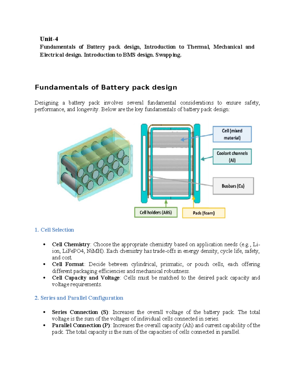 EV UNIT 4 - Fundamentals of Battery Pack Design and Management - Studocu
