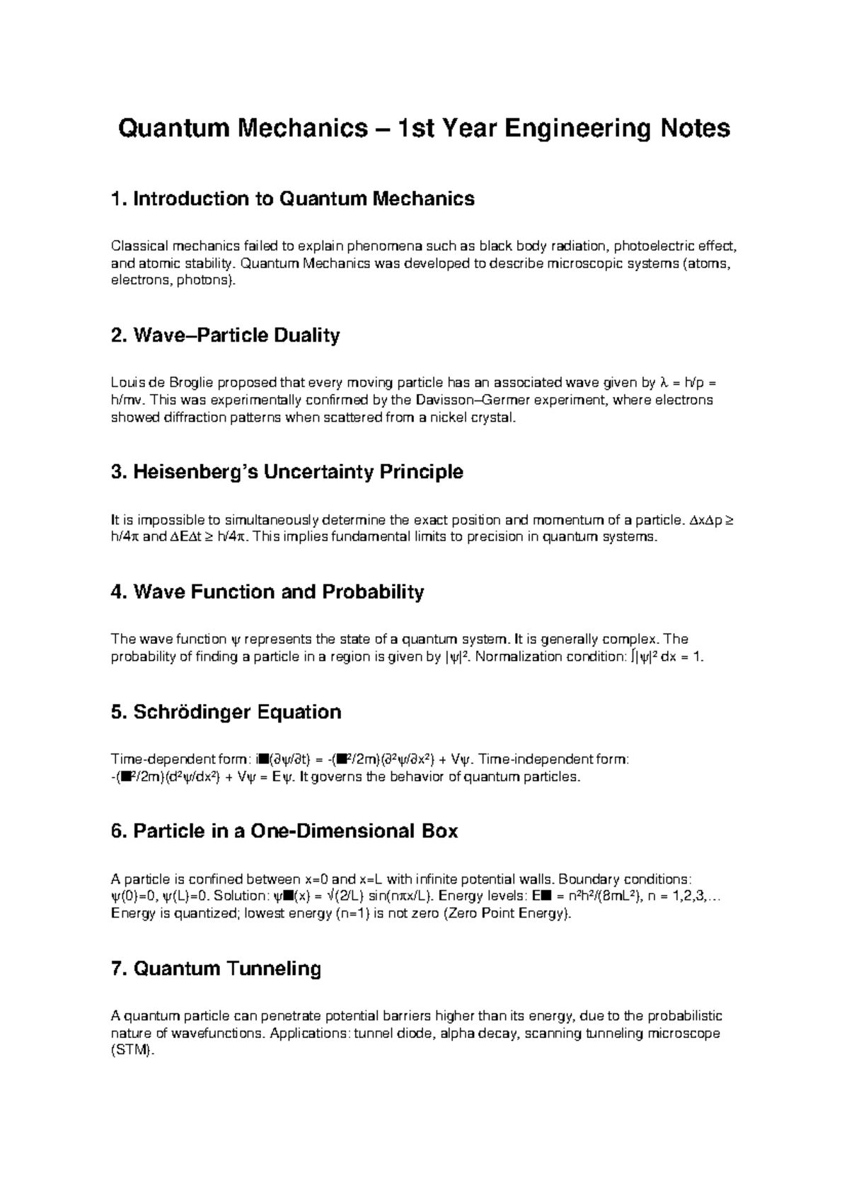 Quantum Mechanics 1st Year Engineering Lecture Notes - Studocu