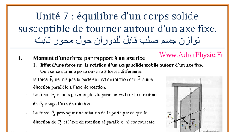 Cours 3 : Équilibre d'un Corps Solide en Rotation - Unité 7 - Studocu