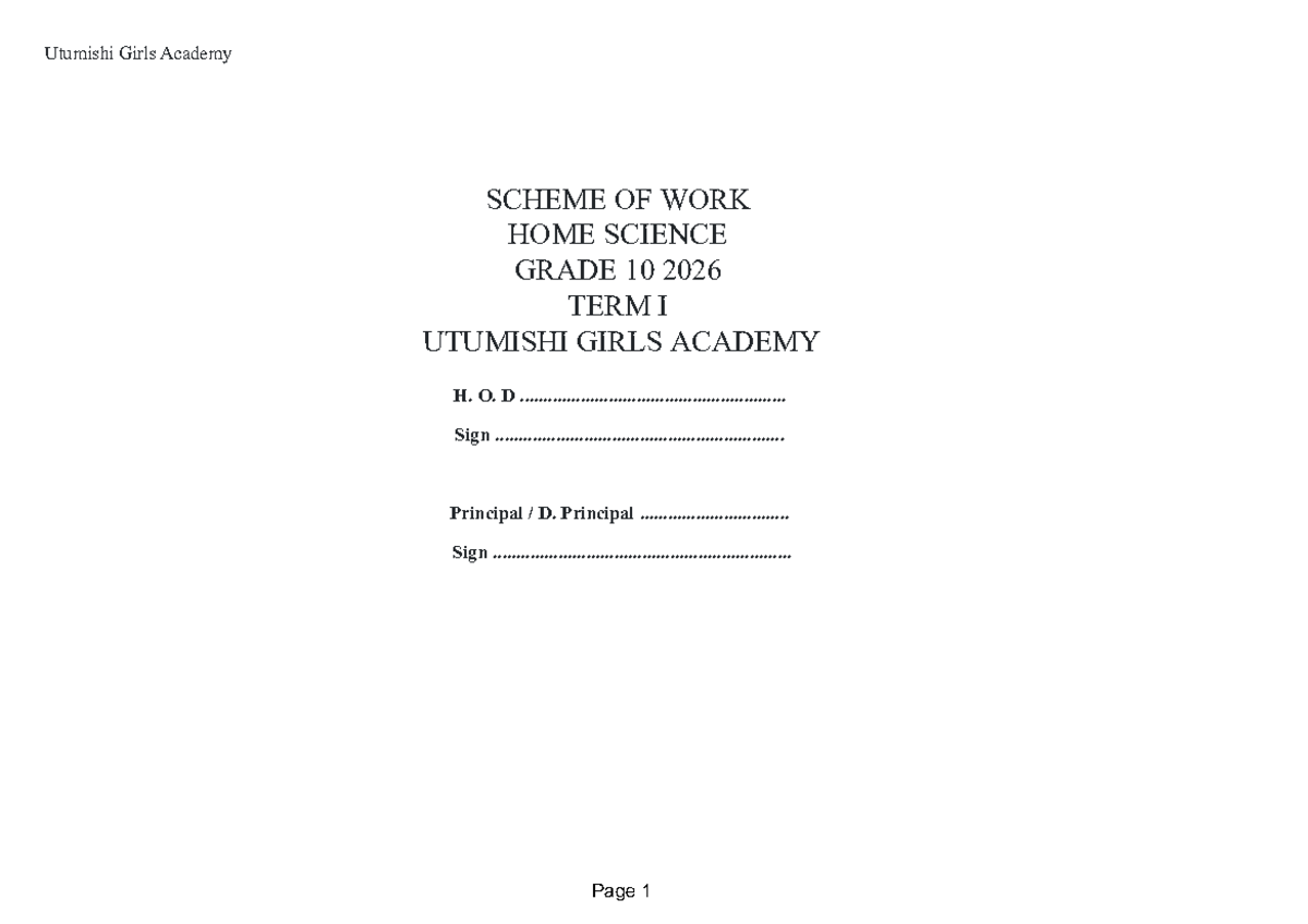 HOME SCIENCE GRADE 10 TERM I SCHEME OF WORK 2026 - UTUMISHI GIRLS ...